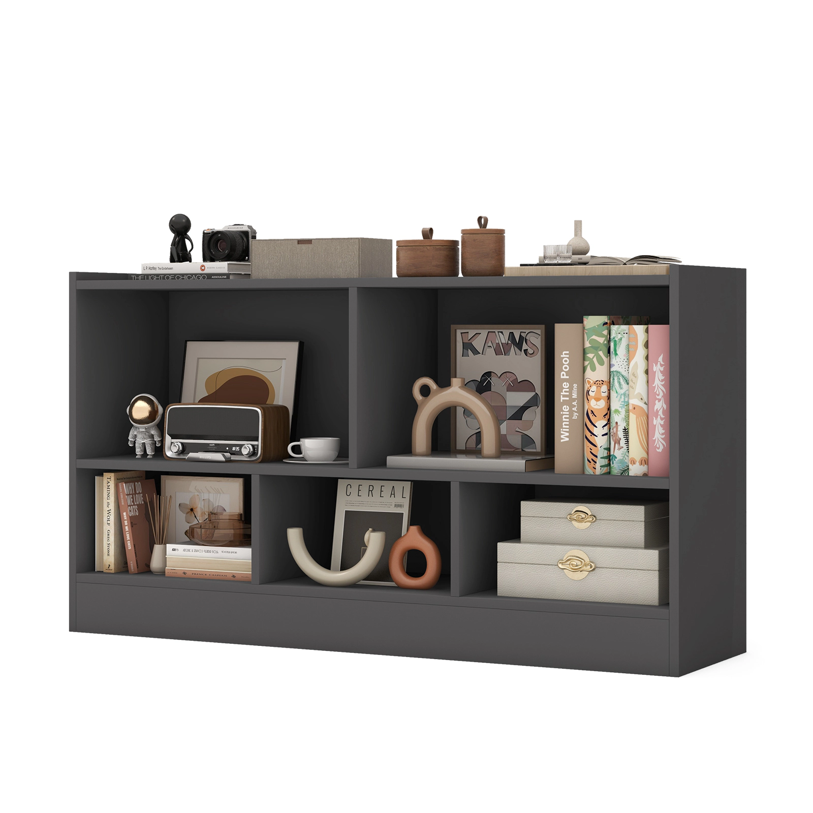 SUGIFT Kids 5-Cube 2-Shelf Wood Toy Storage Bookcase Organizer 44-in x 12-in x 24-in 132-lb Top Capacity Gray