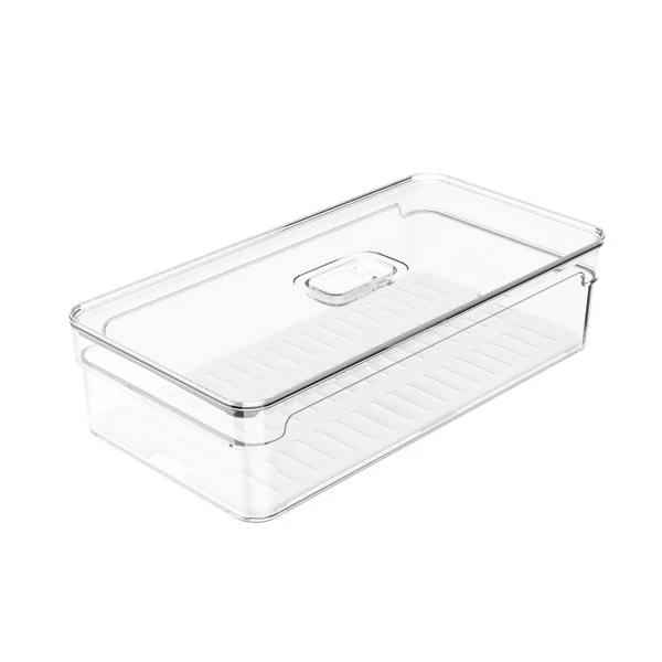 OU Fridge Organizer Bin w/ Vented Lid, Clear Stackable Refrigerator Storage Container w/ Drain Tray, 11.8 Inch Depth