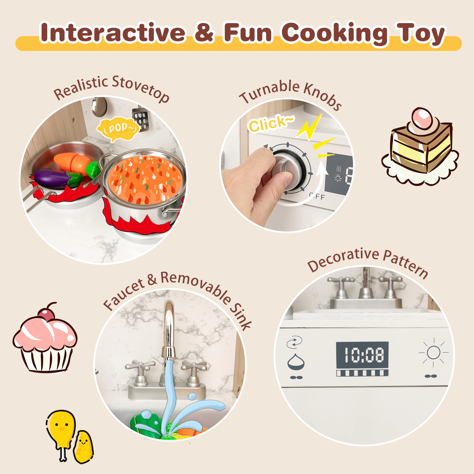 Kids Kitchen Playset Remote LED Lights Toy Coffee Maker Ice Maker Fabric Bins 35.5-in x 11.5-in x 35.5-in White