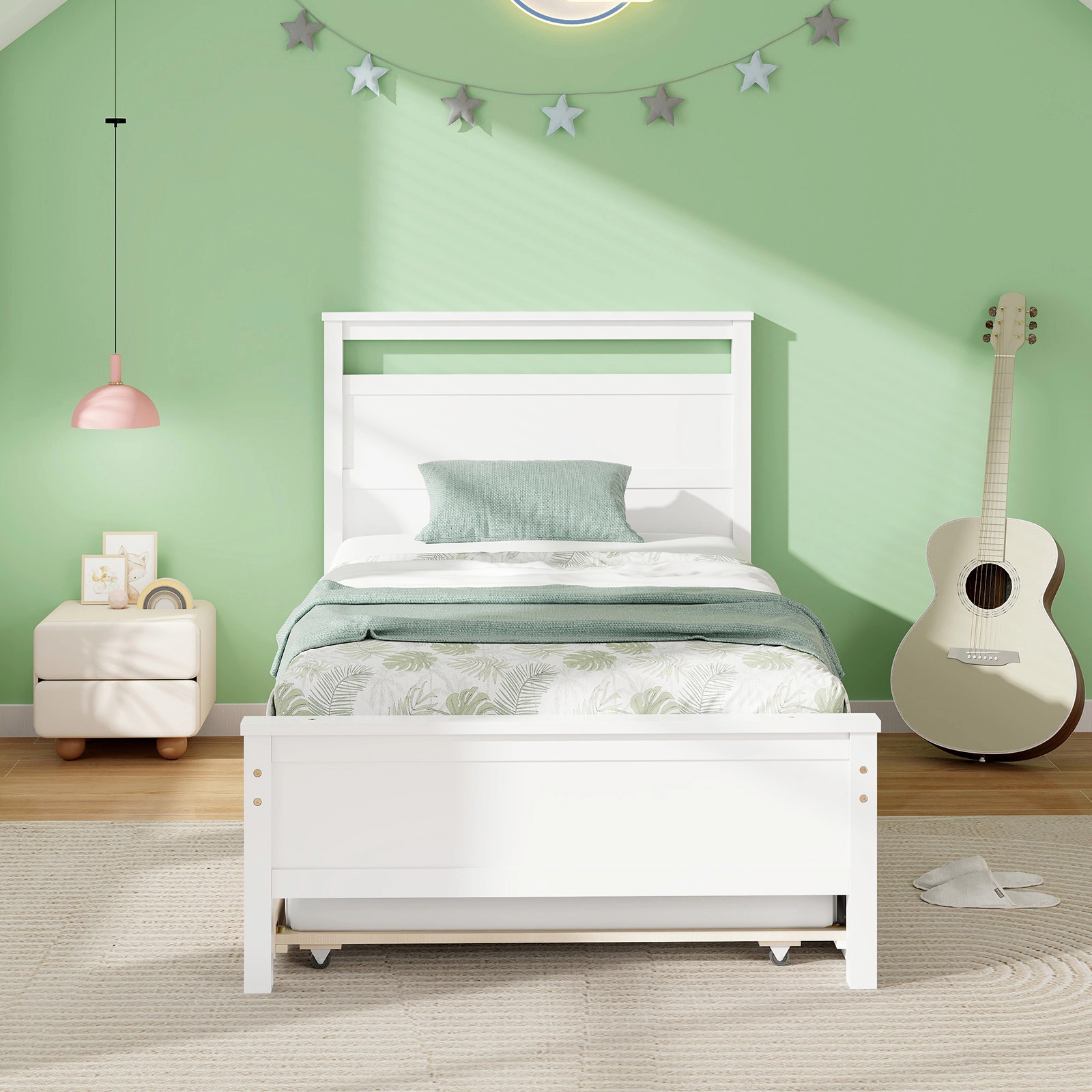 SUGIFT Twin Wood Platform Bed with Pull-Out Trundle, White, 200-Lb Capacity per Bed