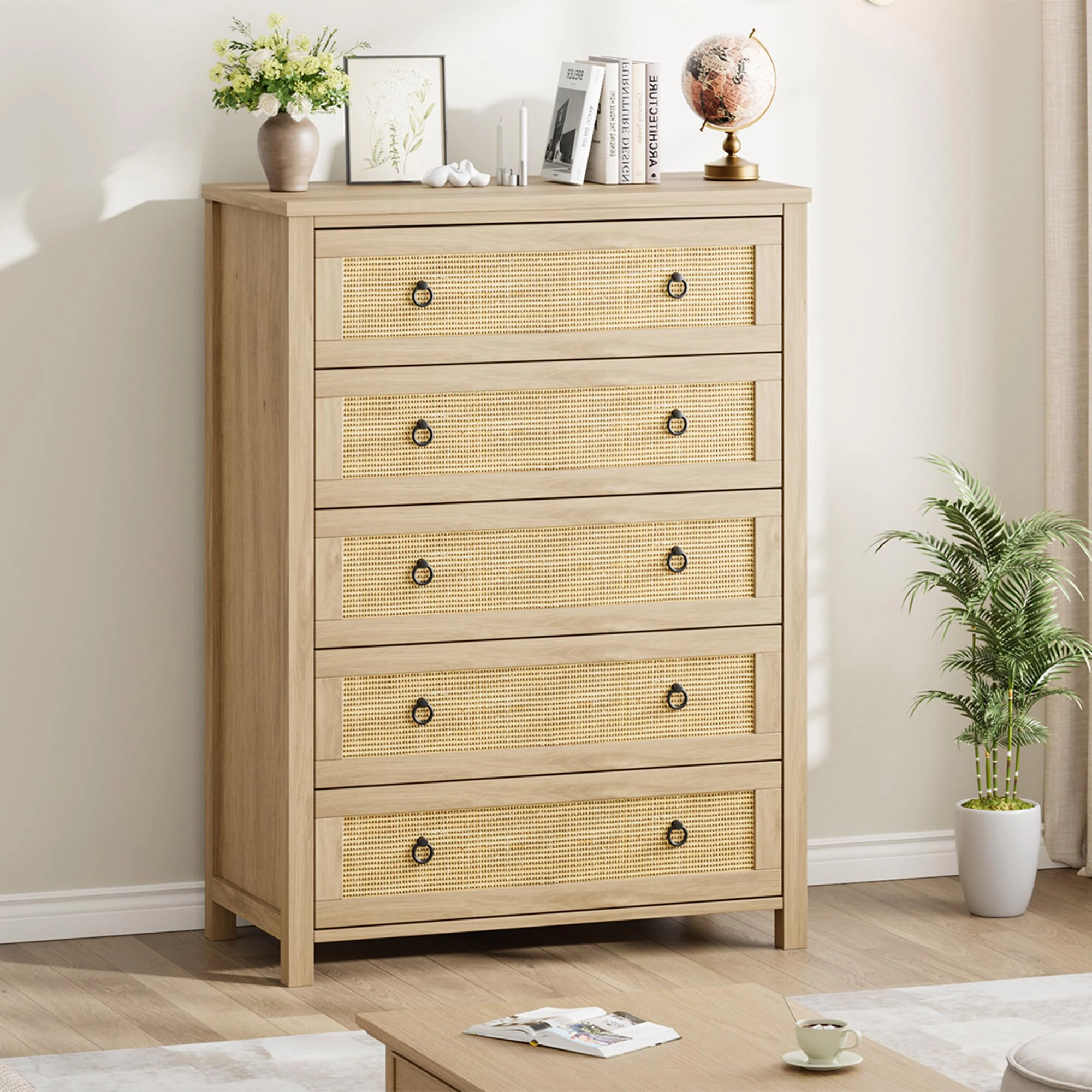 Rattan 5 Drawer Dresser, 45" Tall Wooden Storage Chest & TV Stand for Bedroom Living Room Entryway