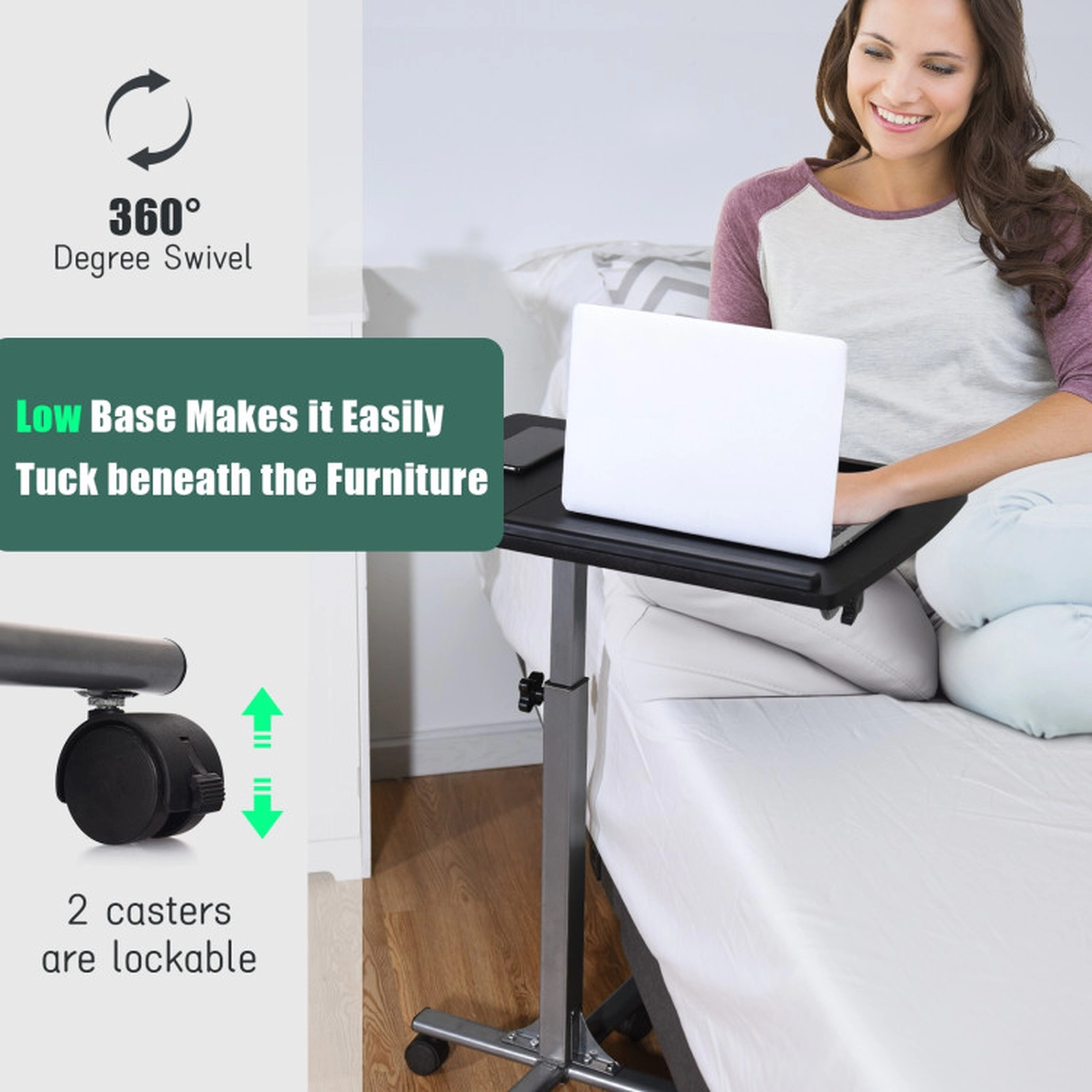 SUGIFT Adjustable Angle Height Rolling Laptop Lap Desk with Tilt Top 24.5-36-in Height Black