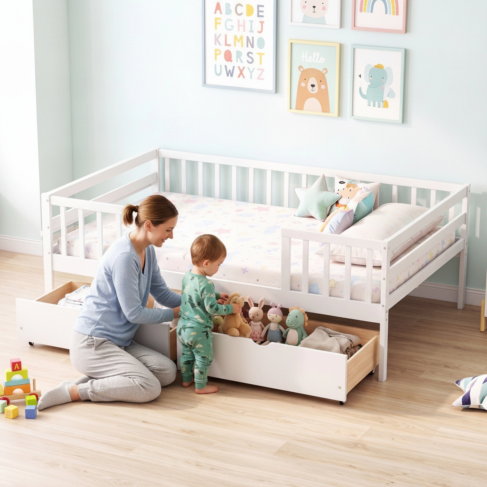 SUGIFT Full-Size Kids Daybed with Guardrail, 2 Drawers and Side Shelf, White