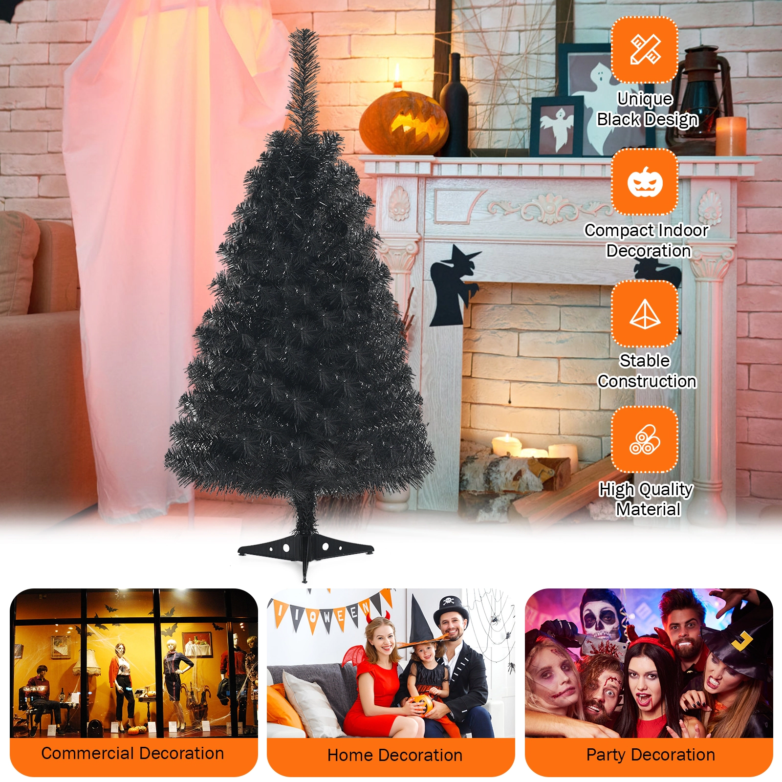 SUGIFT 3 ft Black Mini Christmas Tree Unlit Artificial Halloween Tree with Plastic Stand