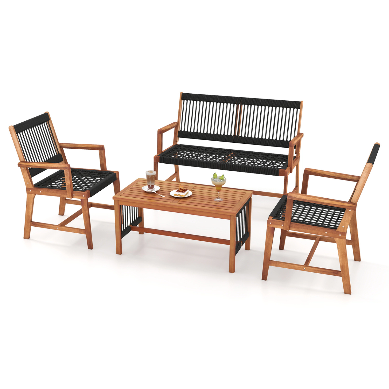 LJG 4 Pieces Acacia Wood Patio Conversation Table and Chair Set with Hand Woven Rope
