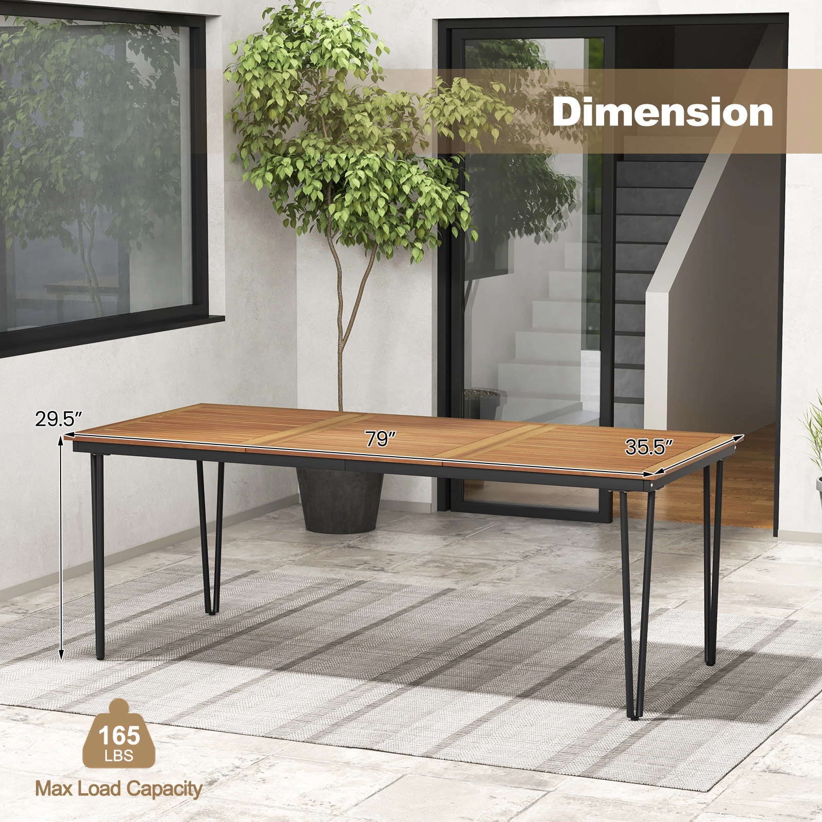 SUGIFT 79-in Slatted 8-Person Outdoor Dining Table with 1.9-in Umbrella Hole 165-lb Capacity Natural & Black
