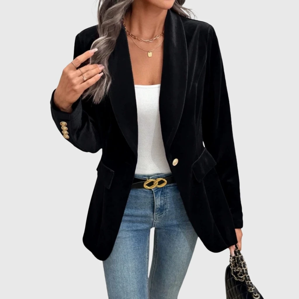YesFashion Women's Velvet Blazer Lapel Button Up Open Front Work Office Business Casual Suit Jacket