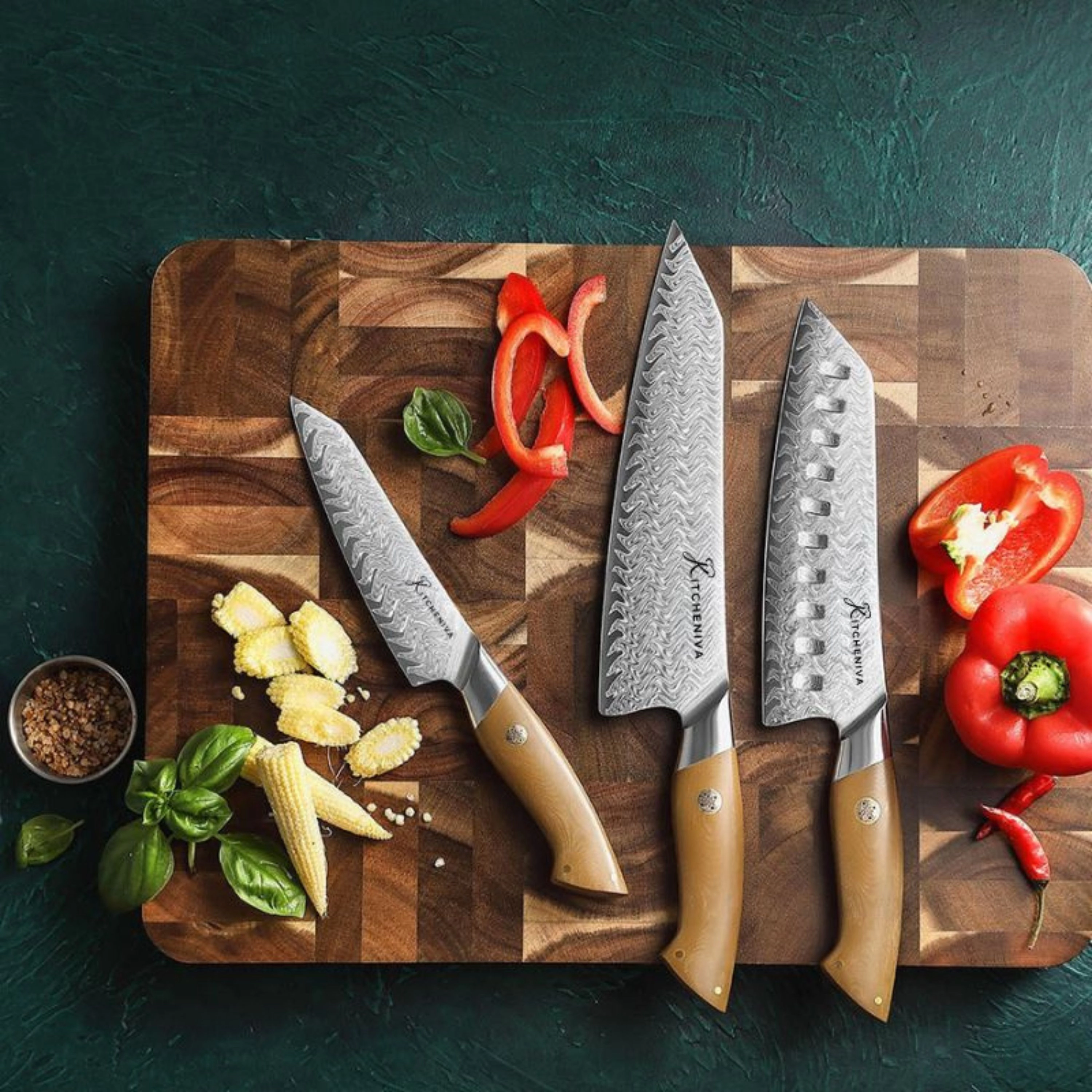 Kitcheniva 3-Piece 67 Layer Damascus Steel Kitchen Knife Set With Micarta Handle