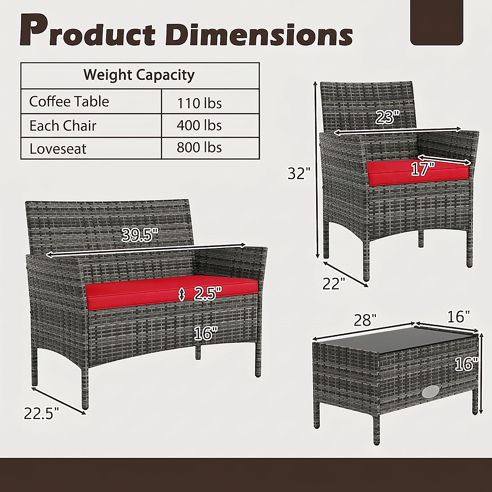 SUGIFT 4-Piece Red Rattan Patio Conversation Set with Loveseat, 2 Chairs, Cushions and Tempered Glass Table