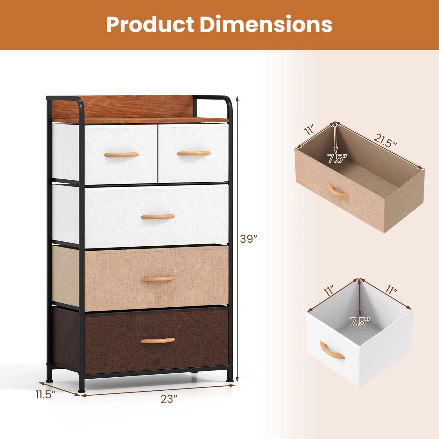 SlickBlue 5-Drawer Fabric Storage Dresser with Metal Frame