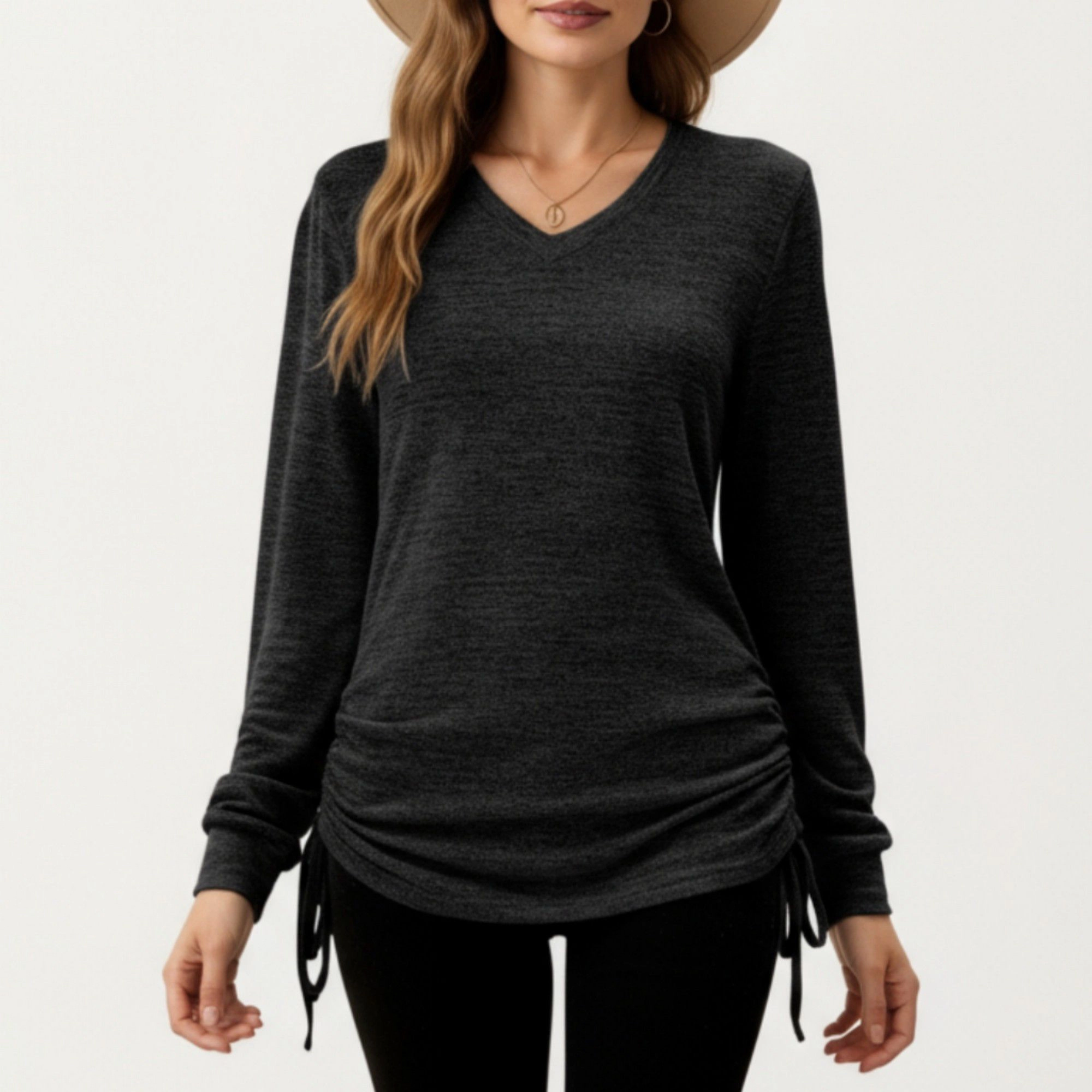 Anna-Kaci Women's V-Neck Side Drawstring Ruched Hem Long Sleeve Knit Top