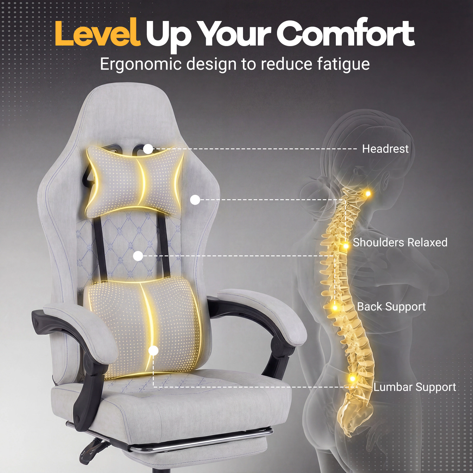 SUGIFT Gaming Chair Gray Height Adjustable Computer Chair with Headrest and Recline