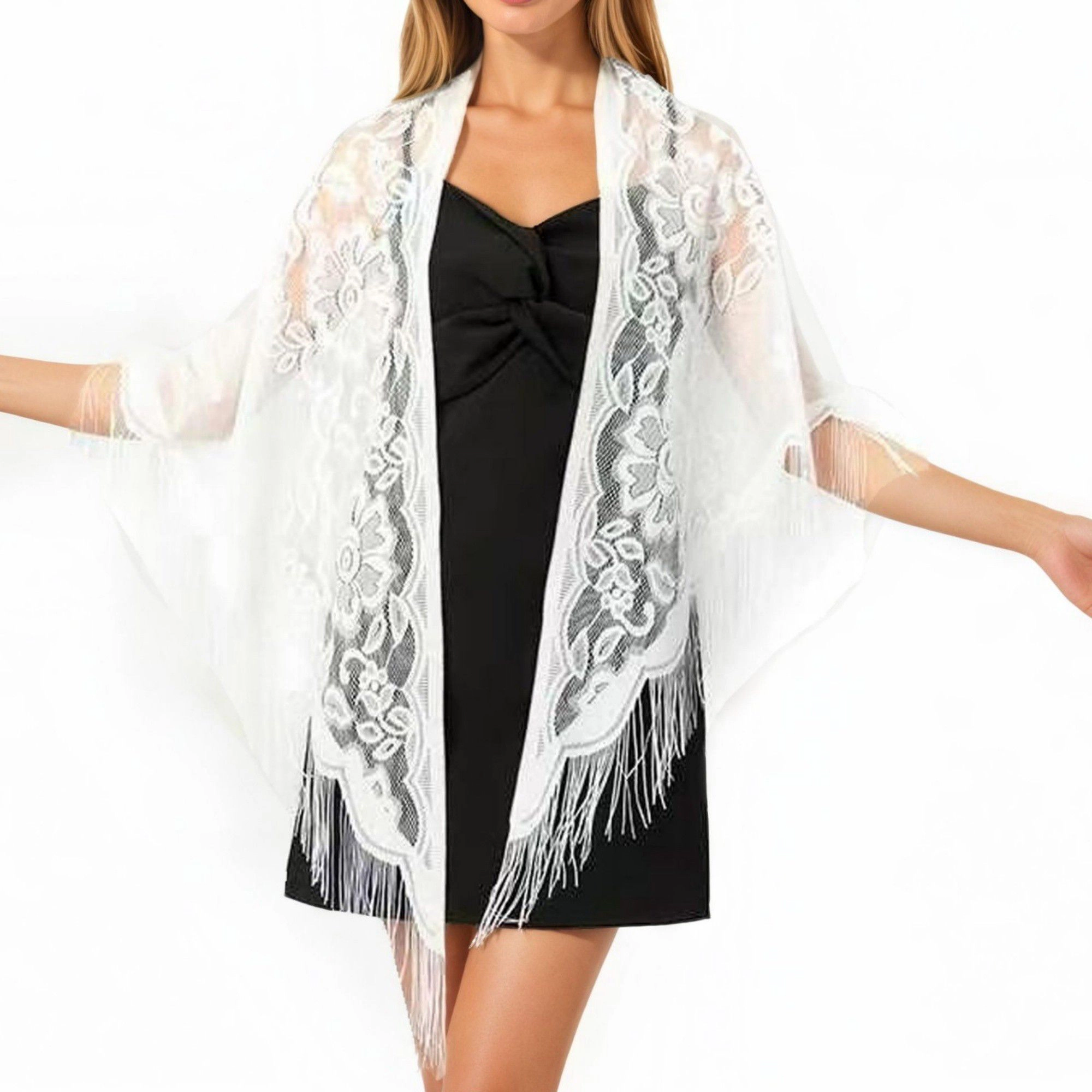 Anna-Kaci Women's Sheer Lace Shawl with Floral Embroidery and Fringe Hem Detailing