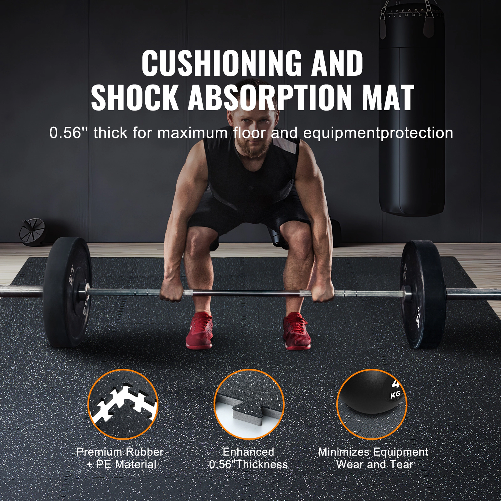 HONGGE 0.56 Inch Thick Rubber Top Gym Floor Mats with EVA Foam