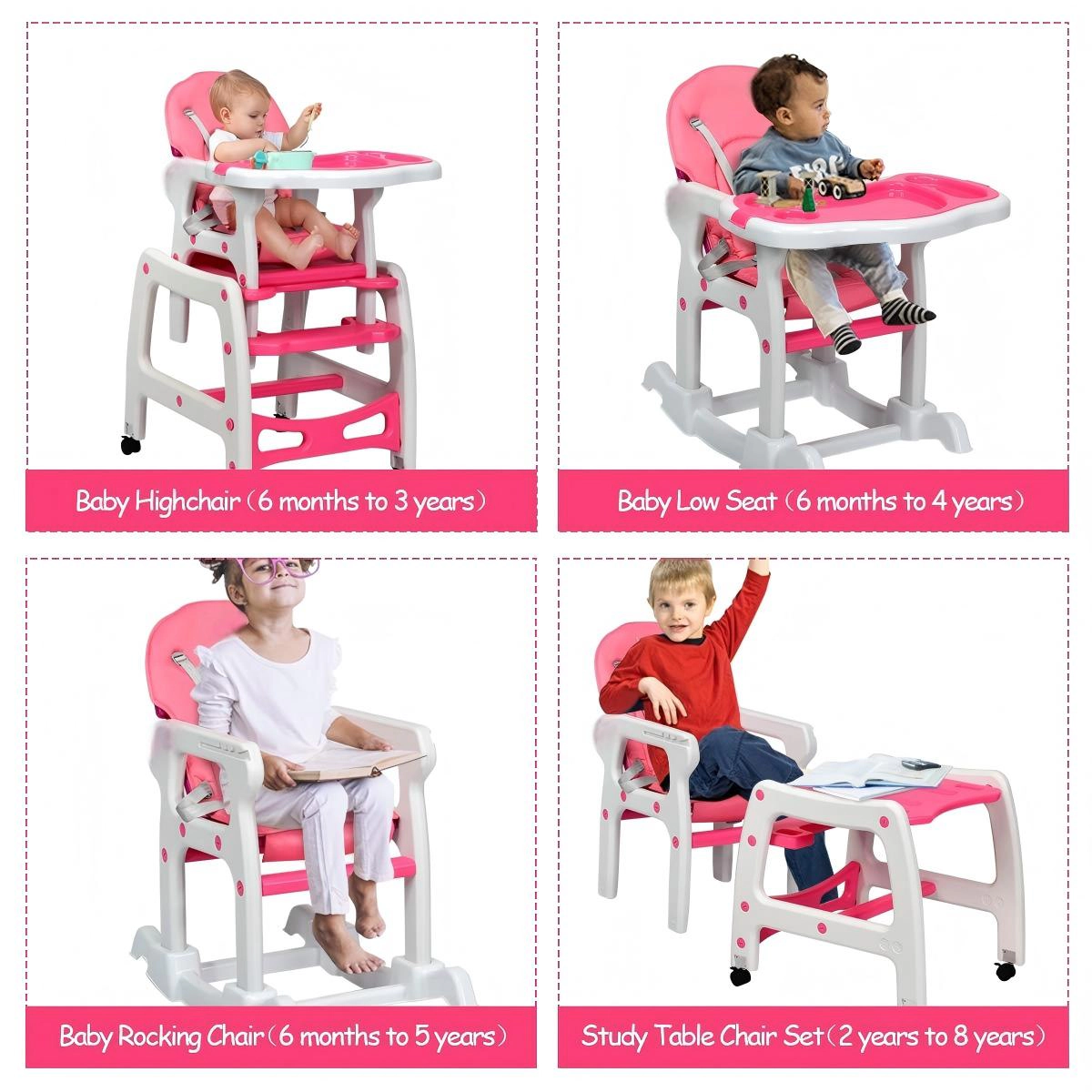 SUGIFT Pink Lockable Universal Wheels Rocking Base and Toddler Table 3-in-1 Baby High Chair