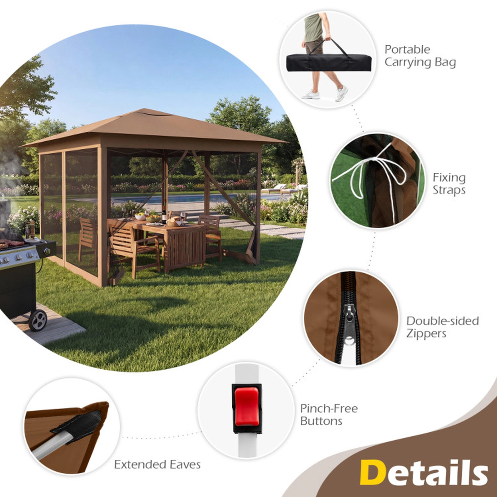SUGIFT Brown Instant Pop Up Canopy Tent with Mesh Screen Netting and 8 Ground Stakes 11.5-ft W 11.5-ft D 8.8-ft H