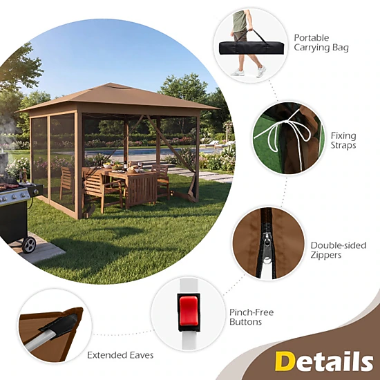 SUGIFT Brown Instant Pop Up Canopy Tent with Mesh Screen Netting and 8 Ground Stakes 11.5-ft W 11.5-ft D 8.8-ft H