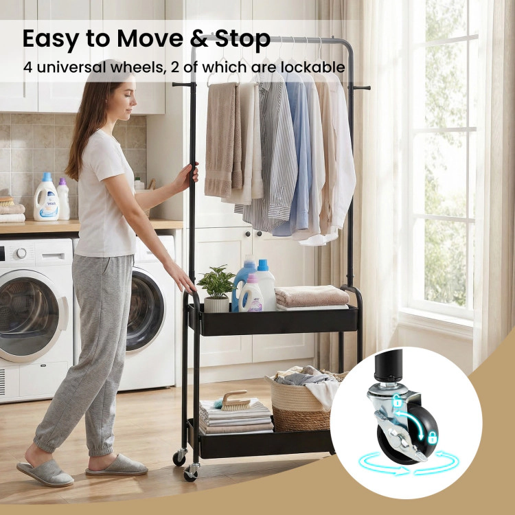 Hivvago Heavy-Duty Laundry Cart With Hanging Rod And 2 Storage Baskets For Bedroom