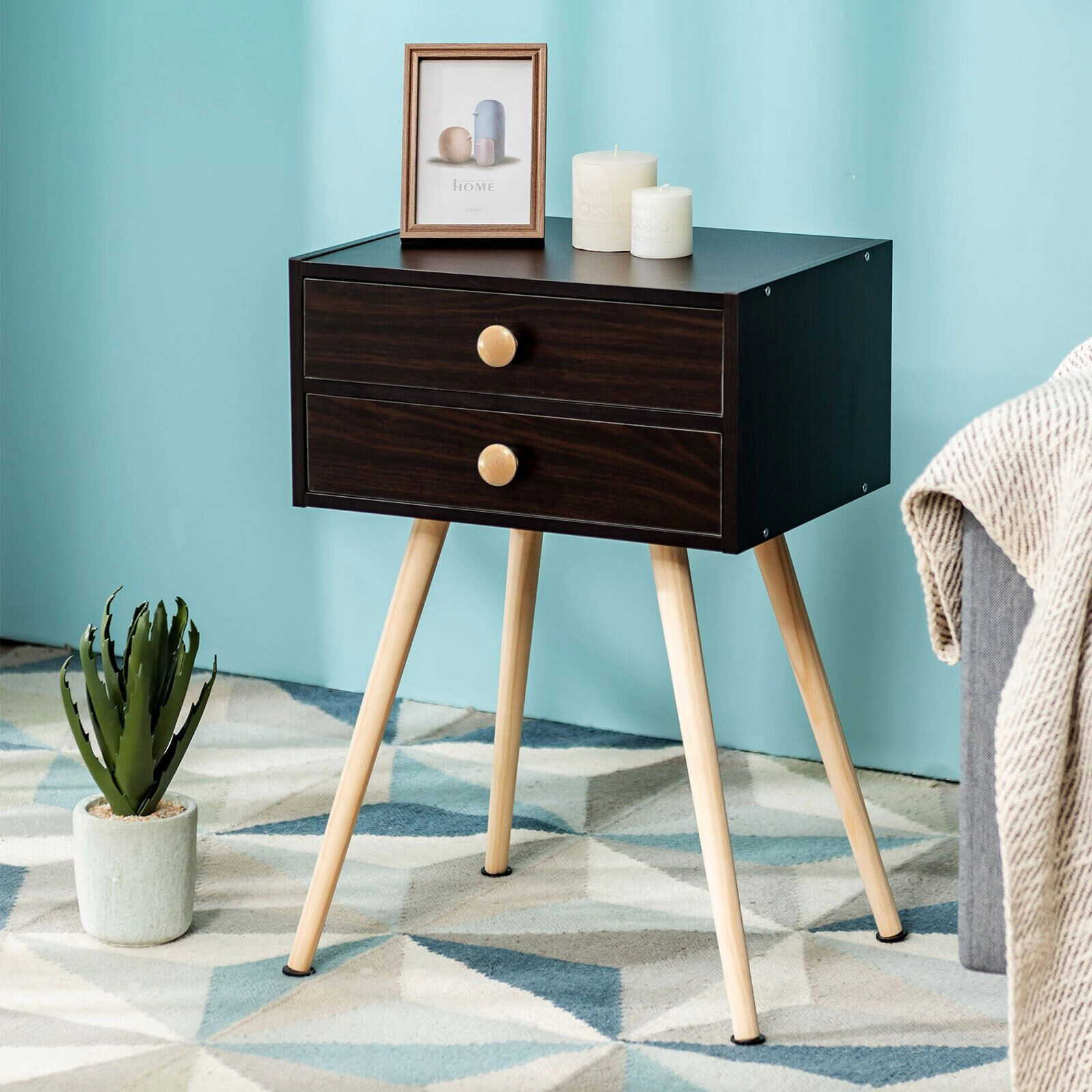 SlickBlue Brown Nightstand with Solid Wood Legs