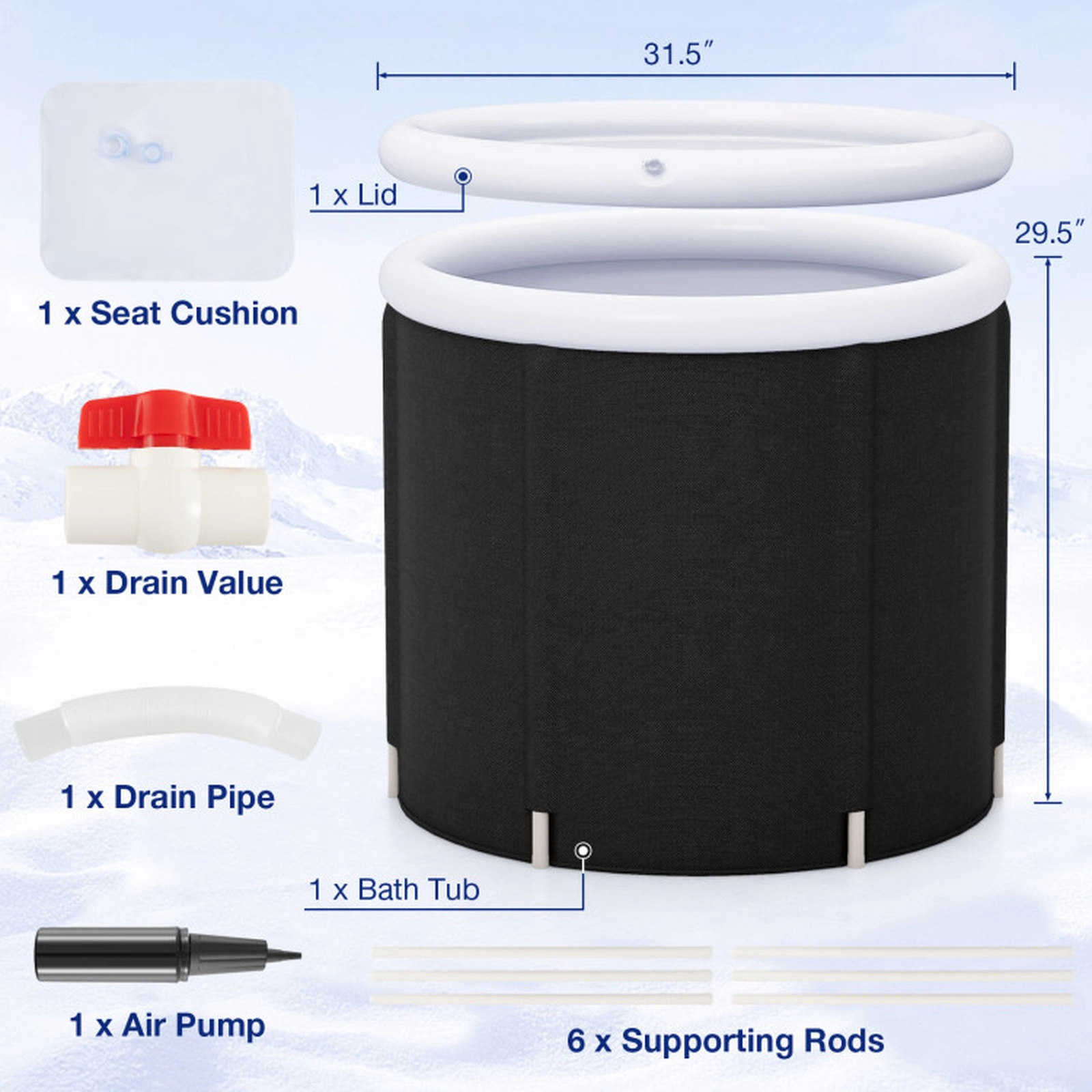 SUGIFT 32 x 29.5 in 66 Gal Outdoor Ice Plunge Tub with Inflatable Lid and Seat Cushion Cold Water Bath Black+White