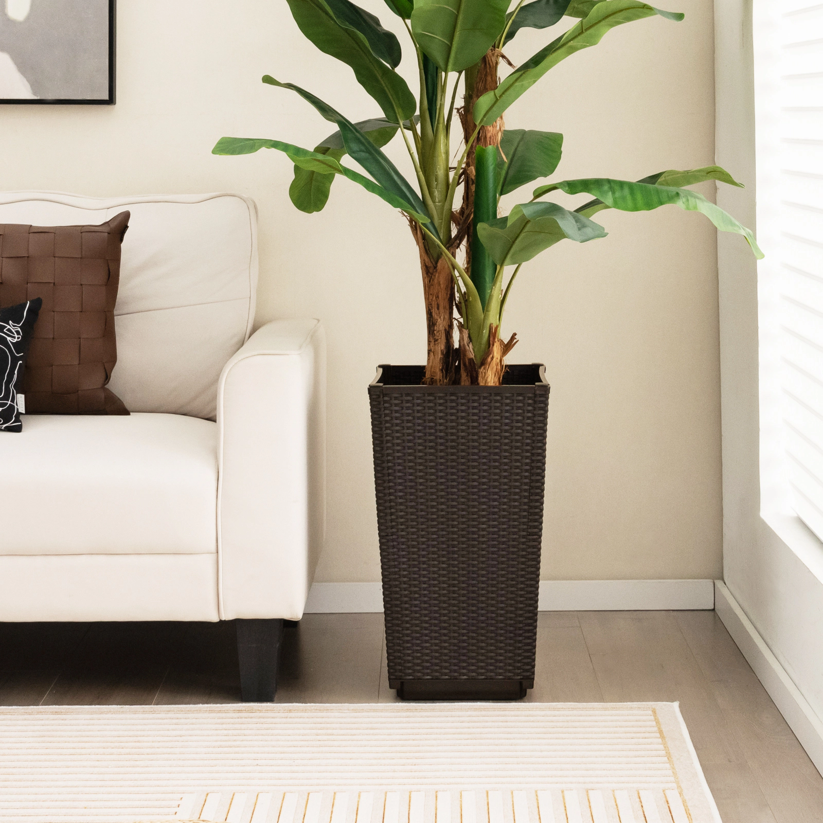 SlickBlue Set of 2 Tall Wicker Planters with Self Watering System for Outdoor Use