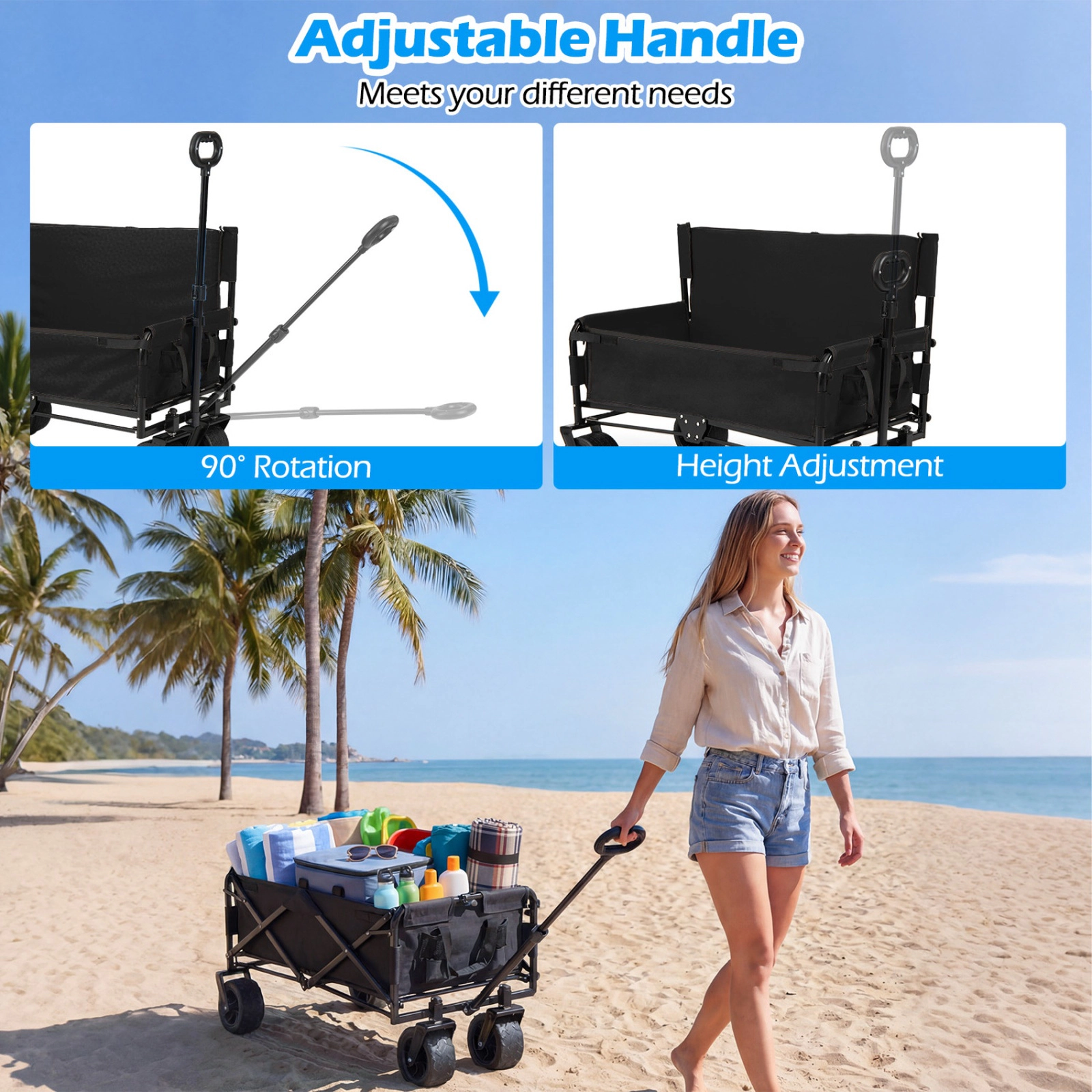 SUGIFT 2-in-1 Convertible Wagon Bench Seat Collapsible Beach Cart 176-lb Capacity 6.5-in Wheels 30-42-in Height Black