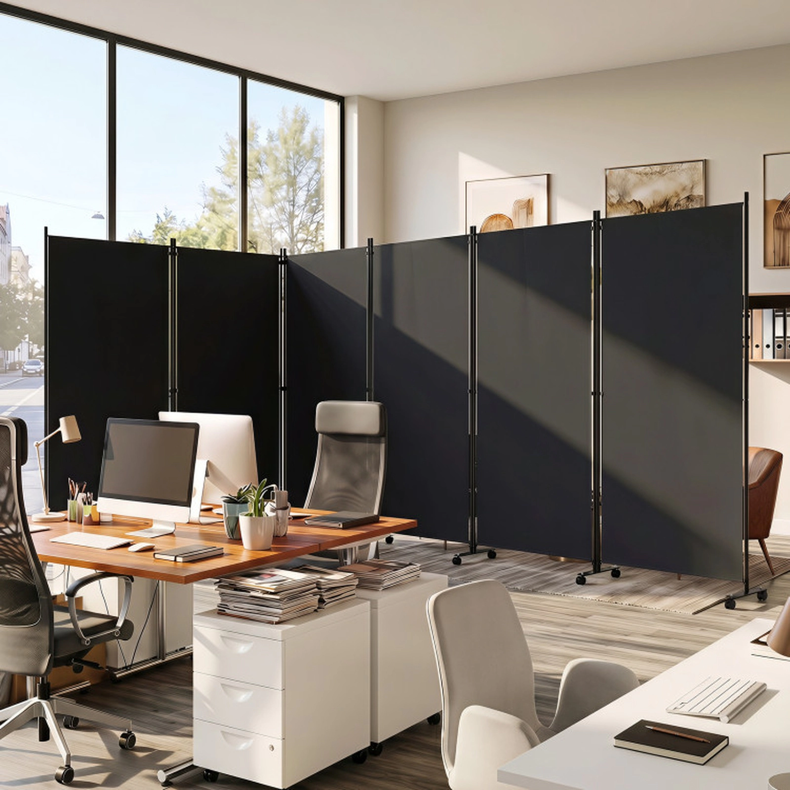 SUGIFT 6-Panel Folding Privacy Screen Room Divider with Wheels 71.5-in Tall 205-in Wide Polyester Fabric Black Coffee