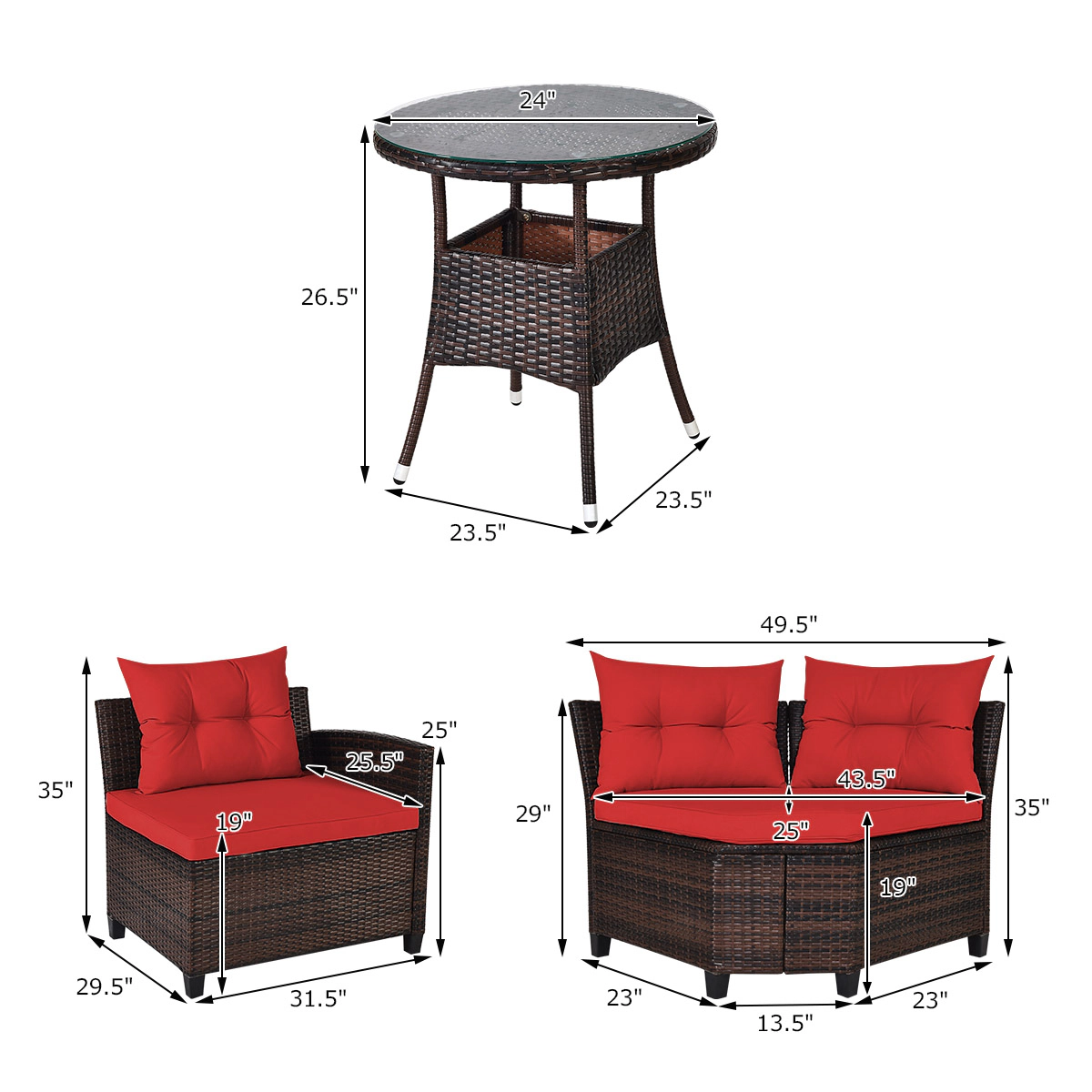 SUGIFT 4-Piece Red Rattan Patio Sofa Set with Cushions and Glass Table