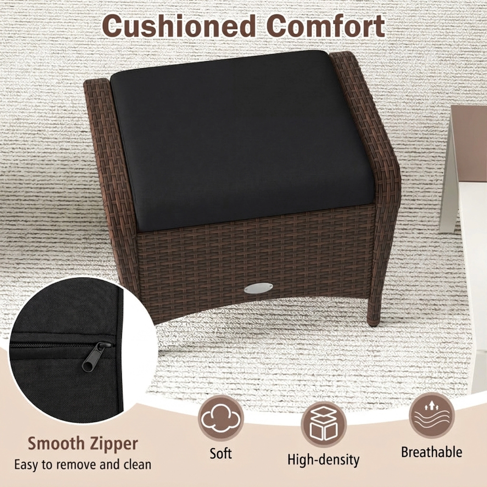 SUGIFT Removable Cushions Set of 2 Outdoor Patio PE Wicker Ottomans