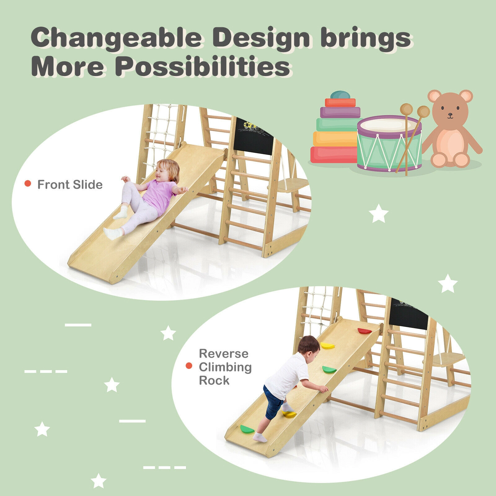 SUGIFT Natural 49 Inch for Children 8-in-1 Wooden Indoor Playground Climbing Gym Playset