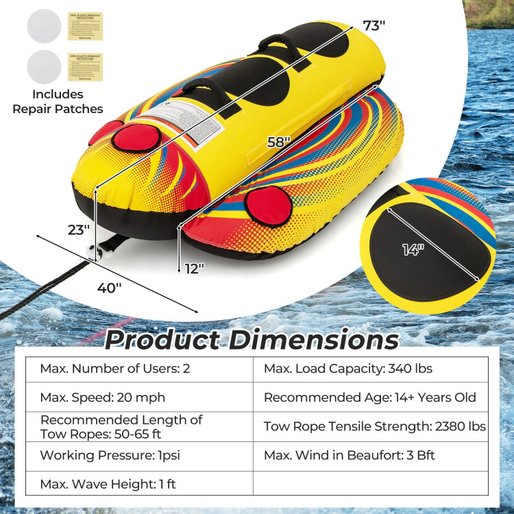 SUGIFT 1 or 2 Person Inflatable Towable Tube Banana Boat Water Toy 340-lb Capacity Ages 14+ Yellow Blue Red Black