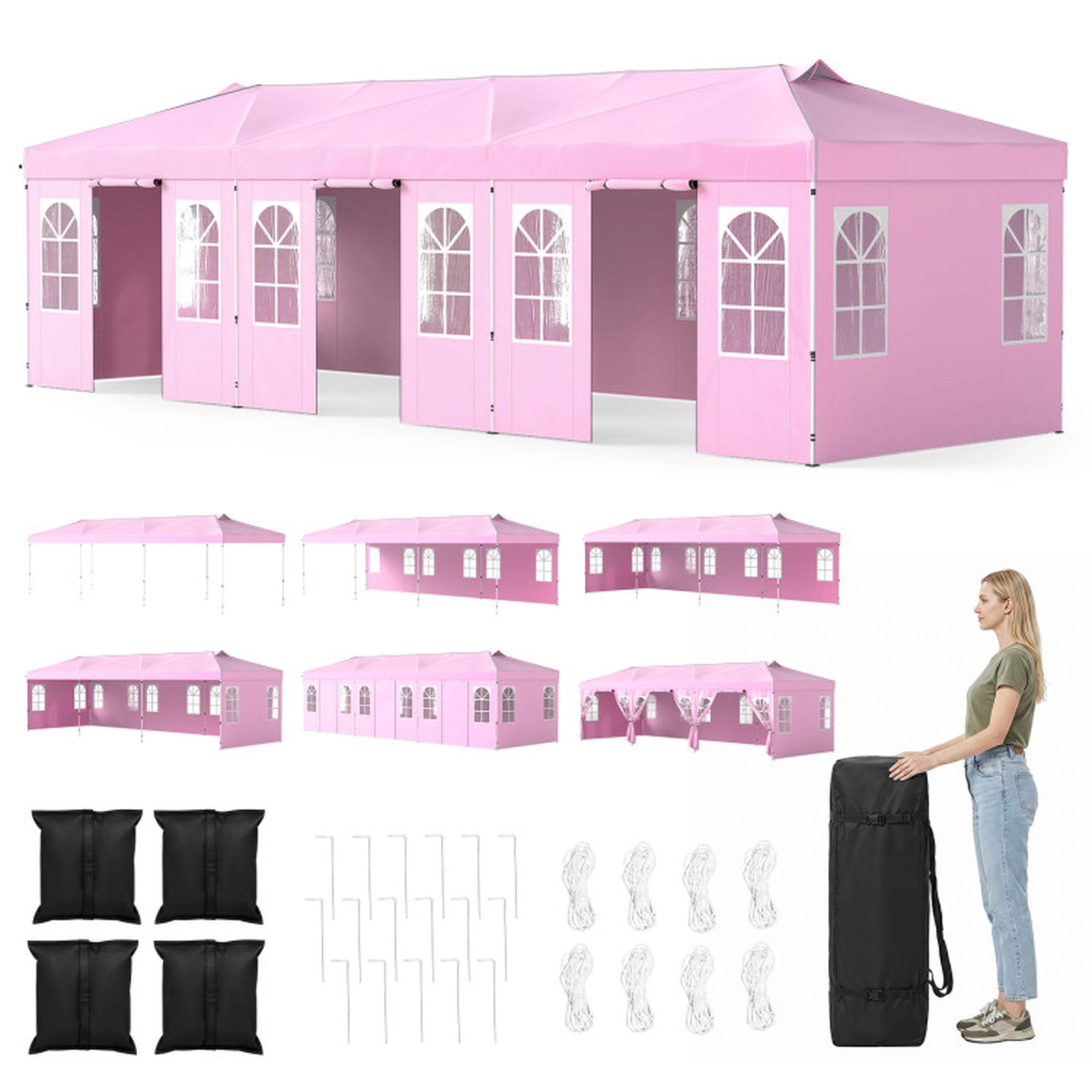 SUGIFT Pink Adjustable Pop Up Party Canopy Tent with 8 Sidewalls and 17 Ground Stakes 30-ft W 10-ft D 8.5-ft H