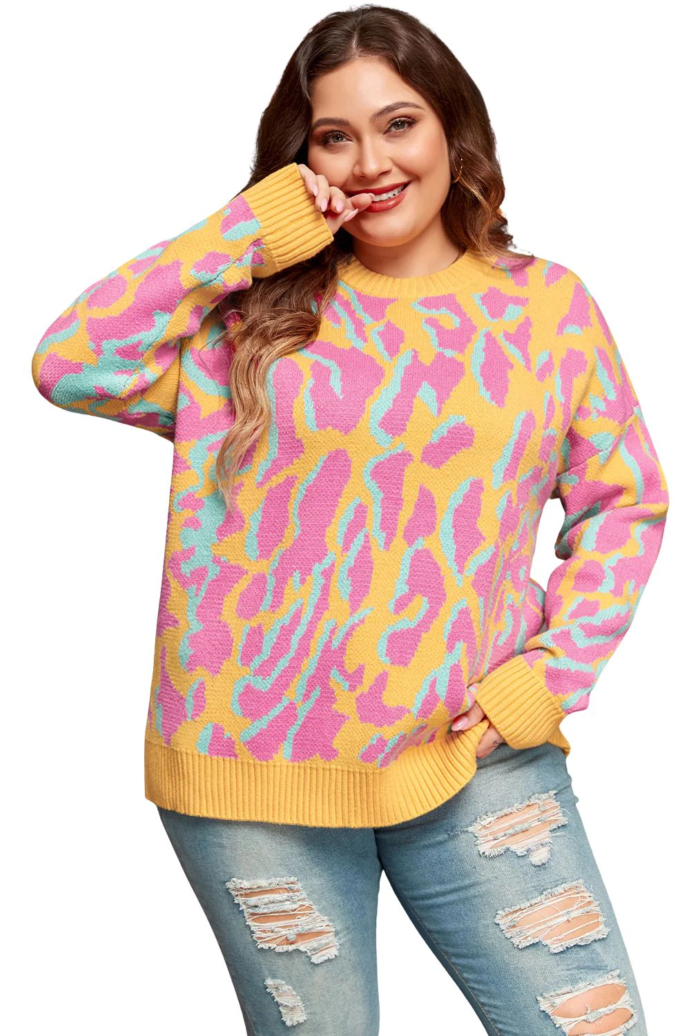 Sol Living Womens Plus Leopard Ribbed Trim Sweater