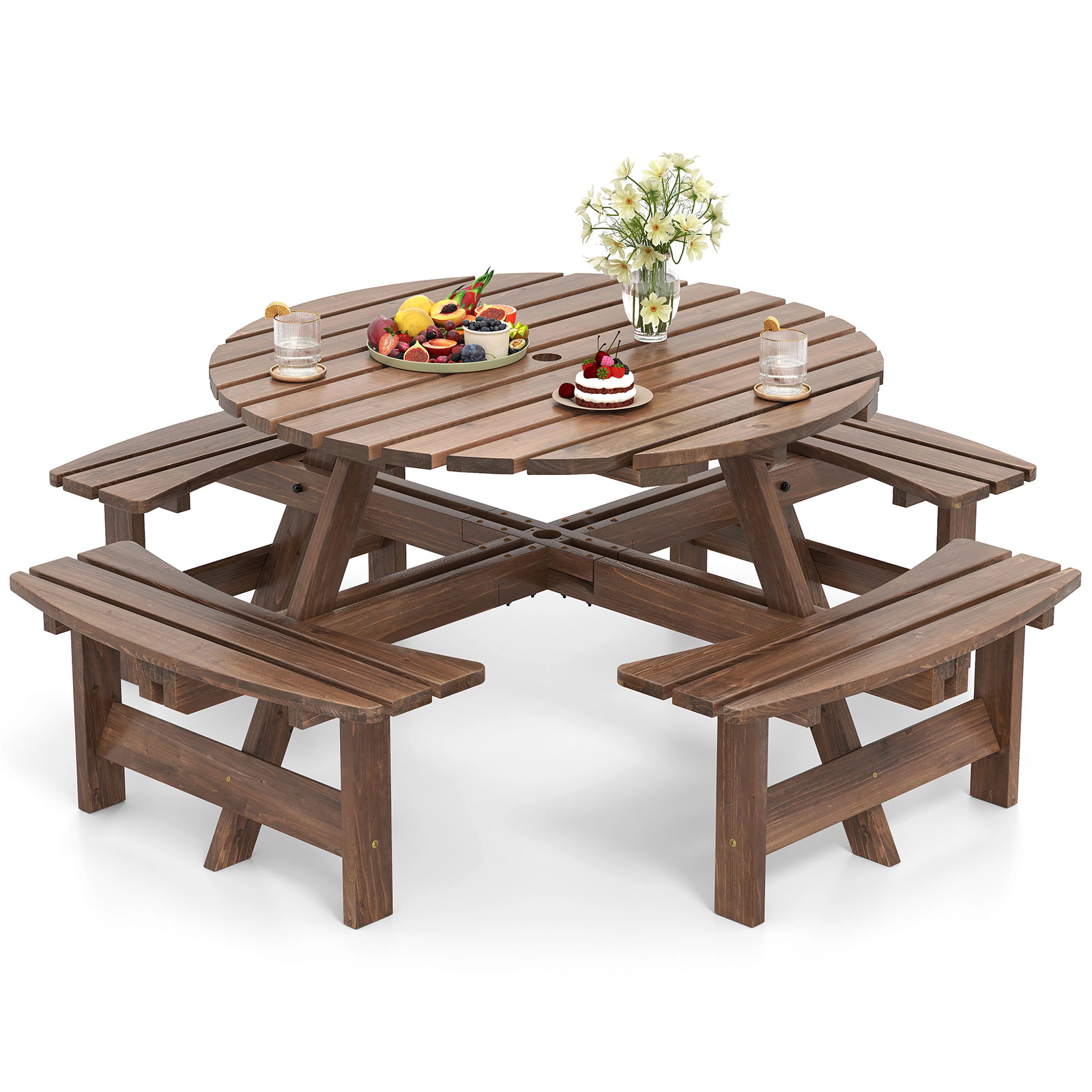 SUGIFT Brown Fir Wood Benches for Patio and Camping 8-Person Round Picnic Table Set
