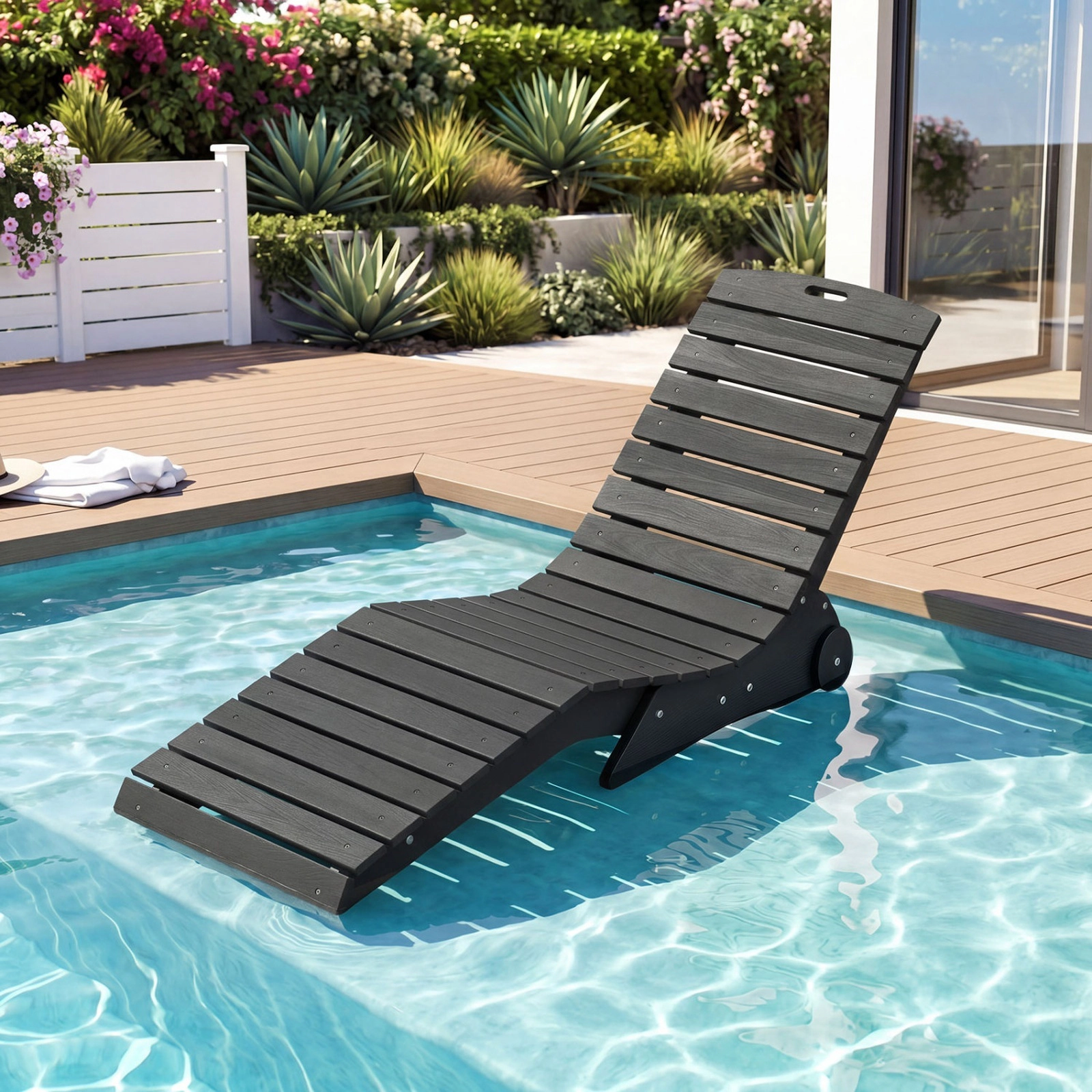 SUGIFT In-Pool Lounge Chair, Weighted HDPE Baja Shelf Tanning Ledge Chair with Wheels, Dark Gray