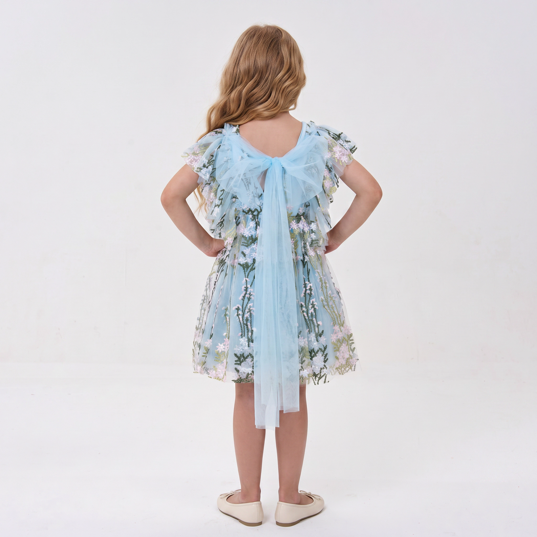 2Bunnies Girls' 2T-6Y Floral Embroidered Tulle Flutter Sleeve Back Bow Dress