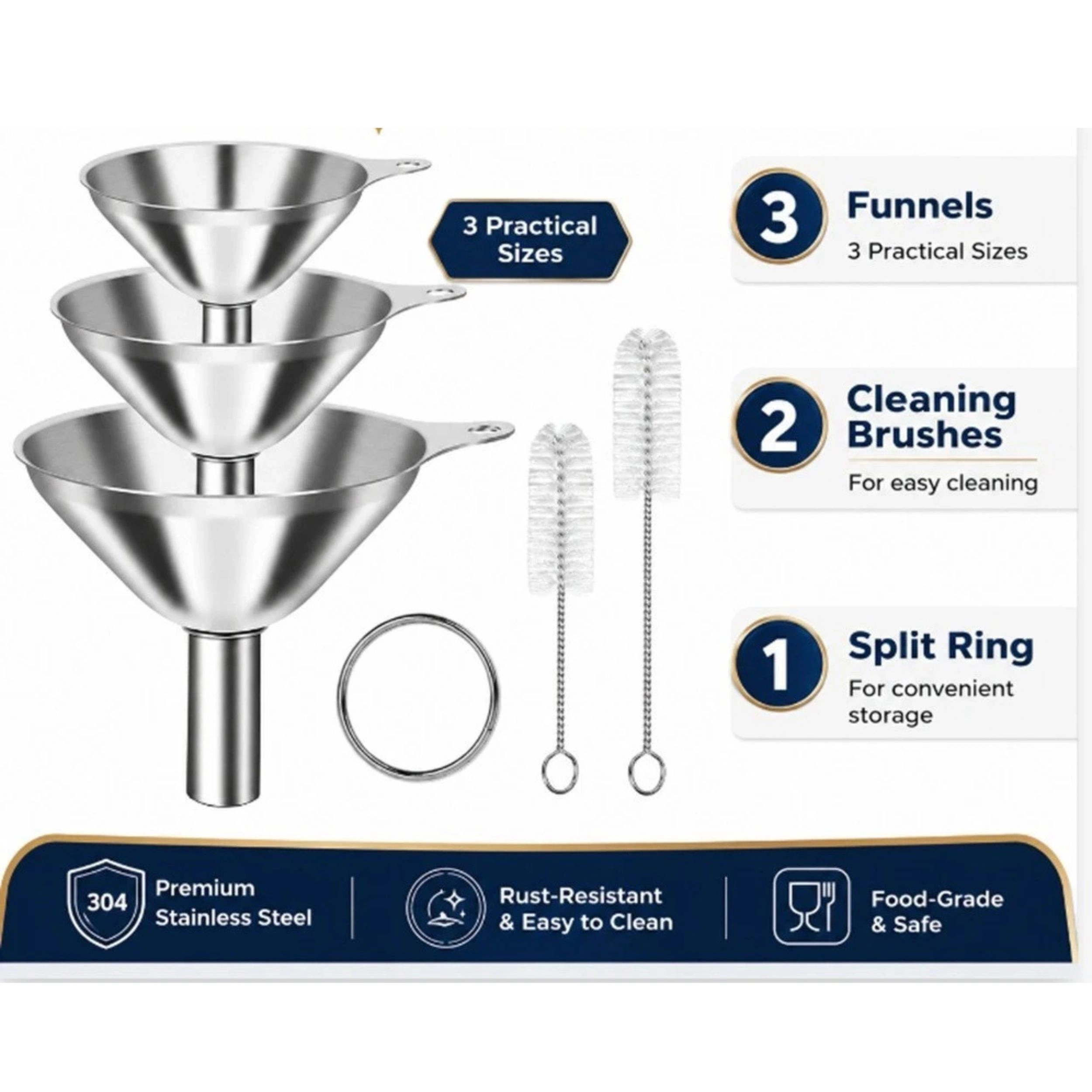 Home Collection 3-Piece Stainless Steel Kitchen Funnel Set with 2 Cleaning Brushes