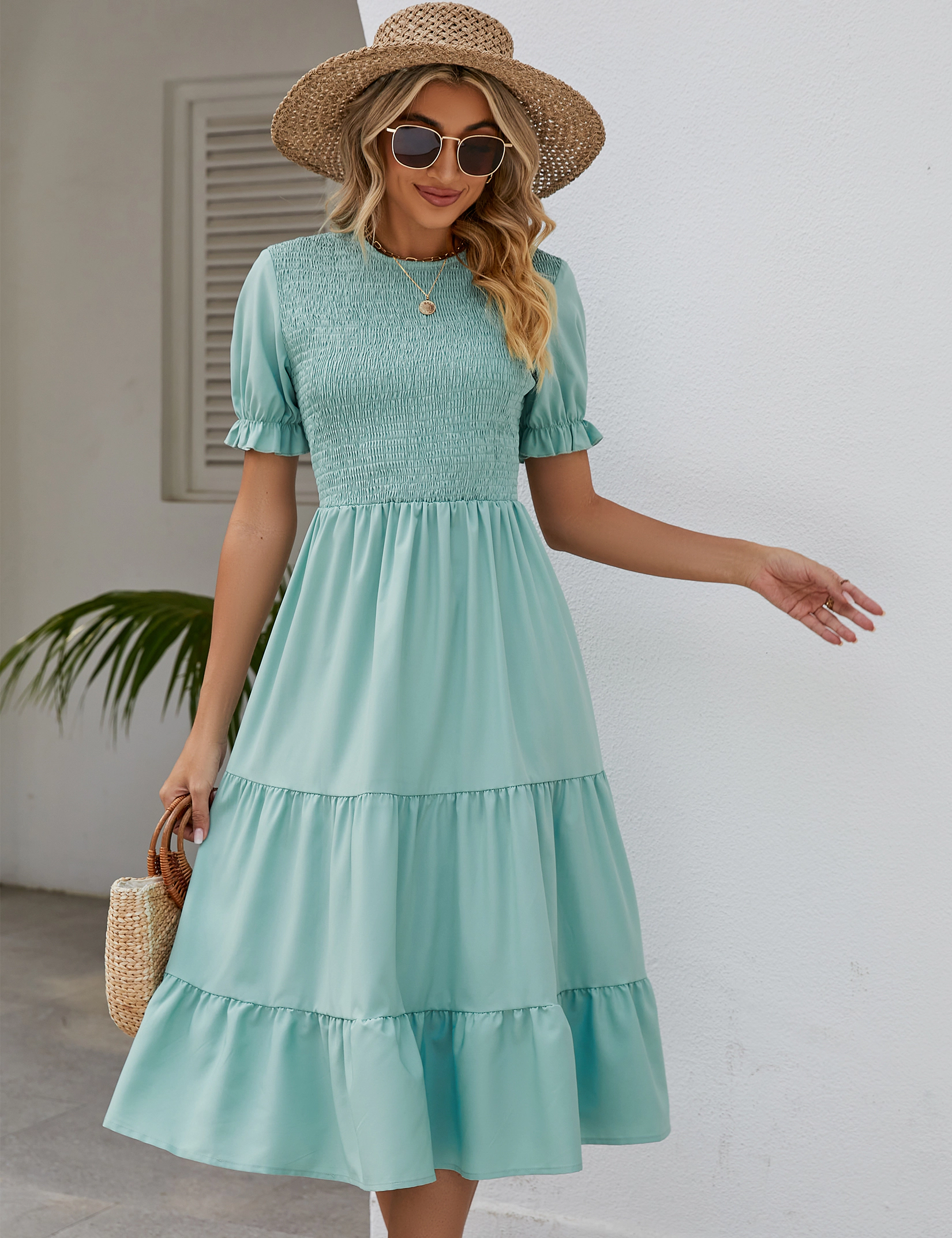 KOJOOIN Women Tiered Midi Dress Puff Short Sleeve Smocked Bodice A-Line Ruffle Beach Flowy Summer Dresses