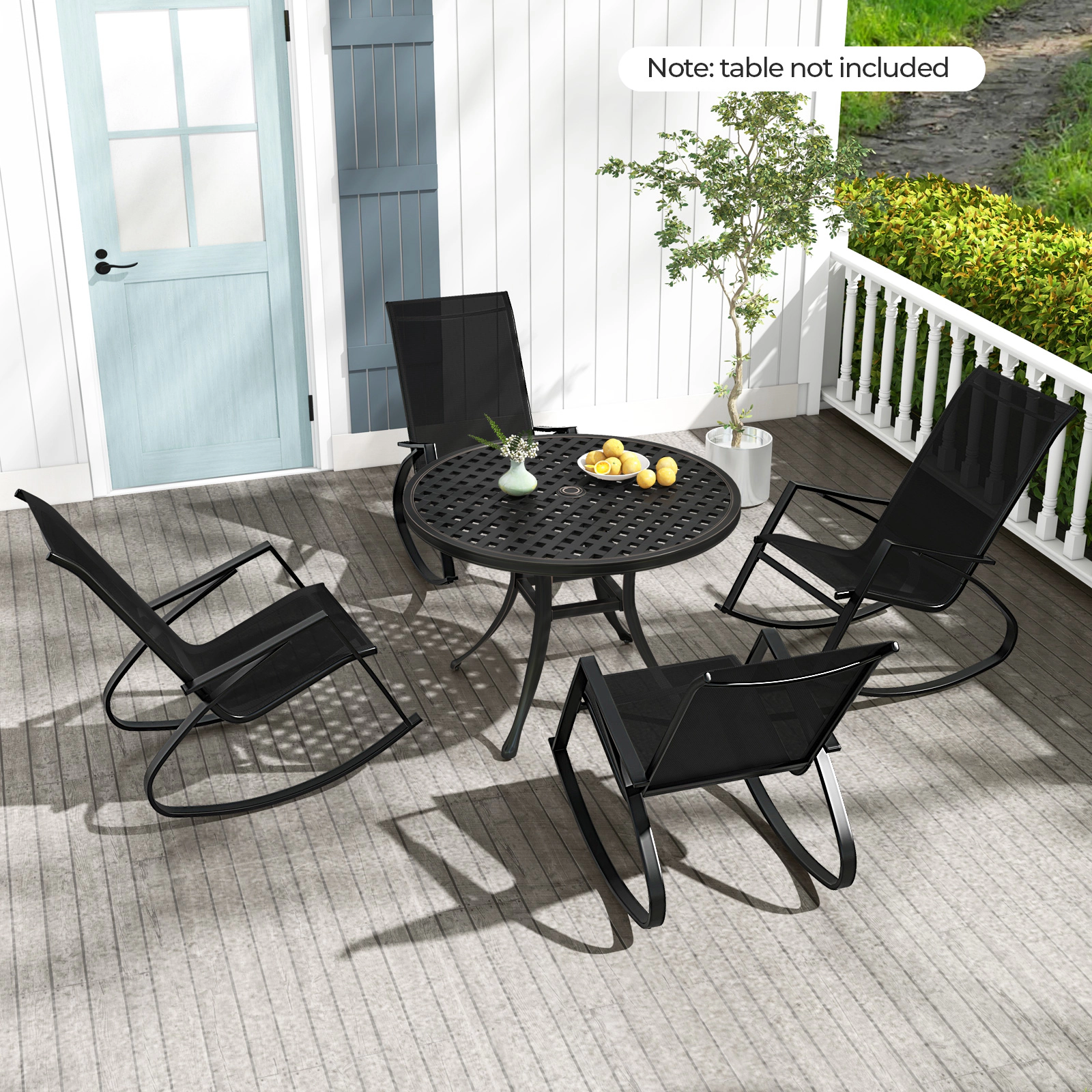 SUGIFT Set of 2 330-lb Capacity Black Sling Fabric Outdoor Patio Rocking Chairs with Curved Backrest