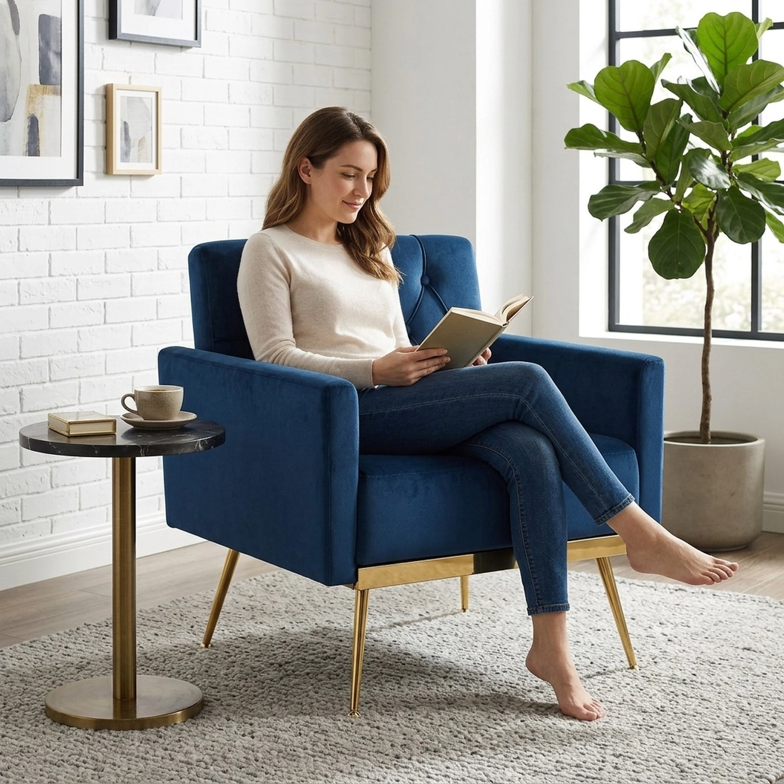 Modern Blue Velvet Accent Chair with Button-Tufted Back and Metal Legs