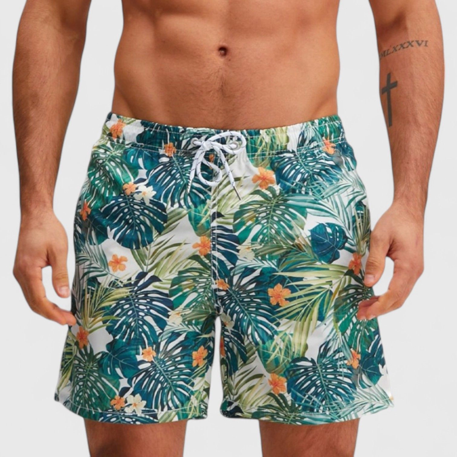 Anna-Kaci Men's Tropical Leaf Print Swim Trunks with Elastic Waistband and Mesh Lining