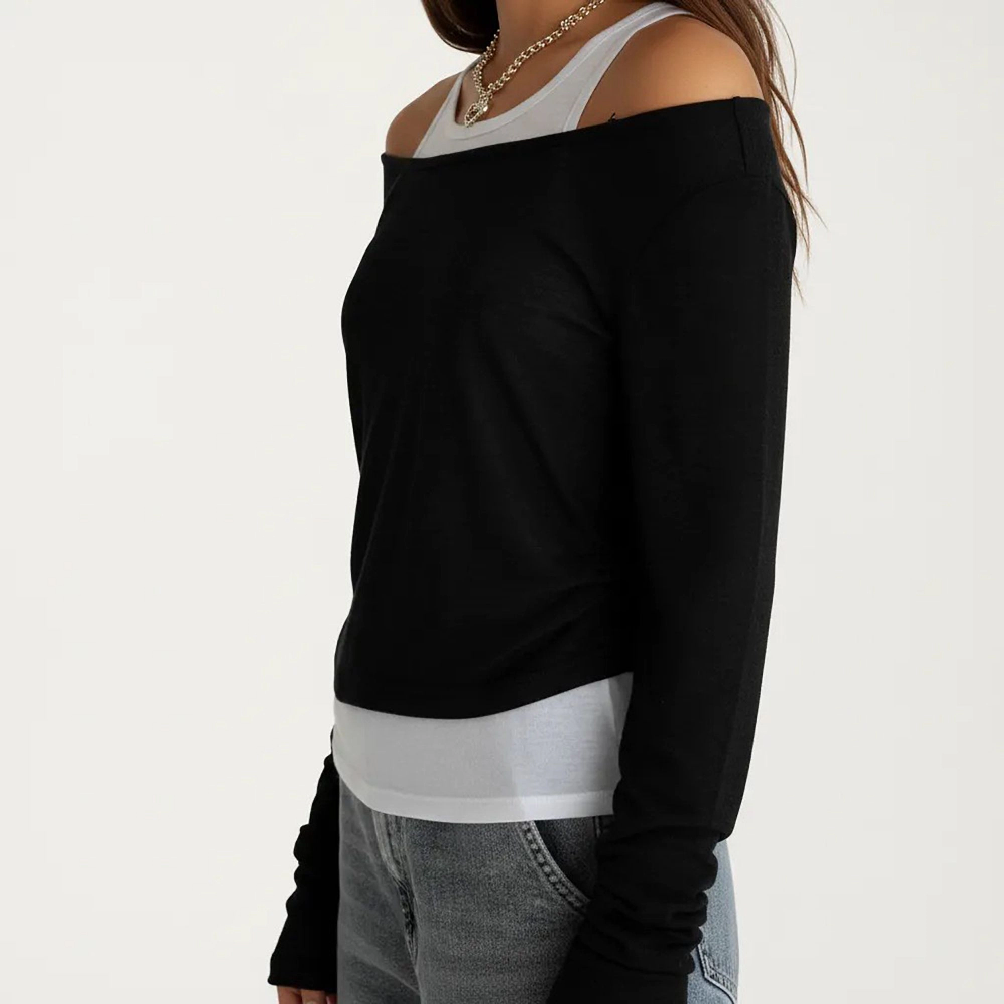 Anna-Kaci Women's Off Shoulder Long Sleeve Layered Knit Top with Relaxed Fit