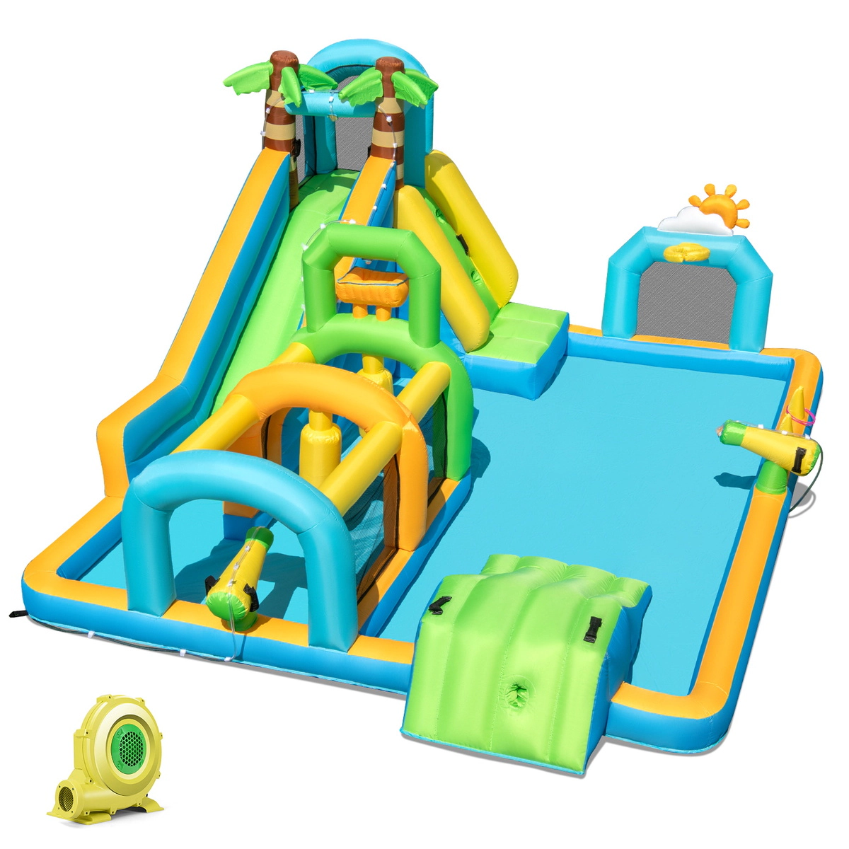 SUGIFT Tropical Dual Slide Climbing Wall and 735W Blower Kids Inflatable Water Slide Aqua Park