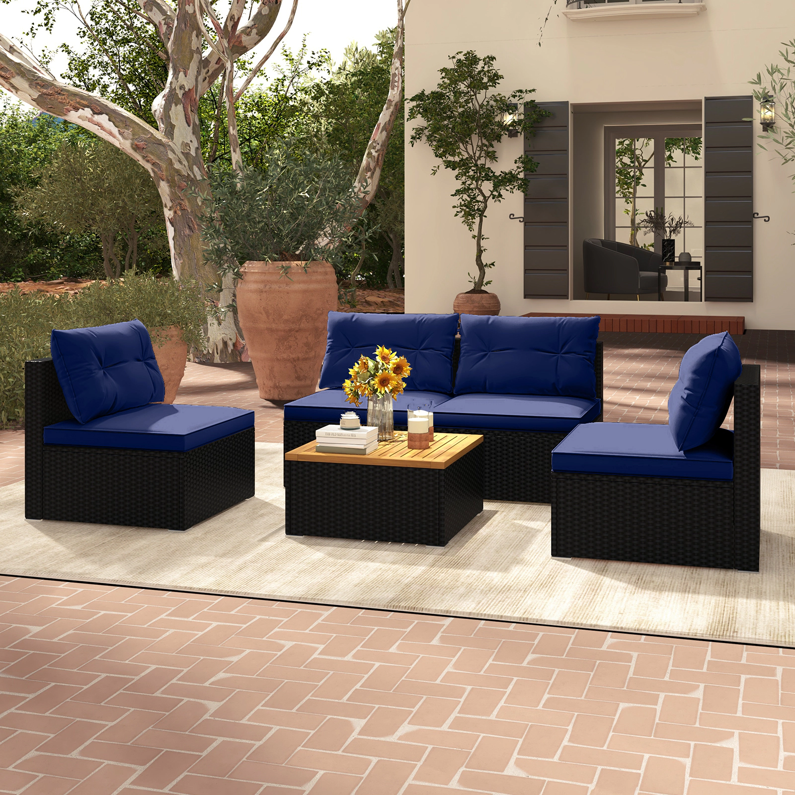 SUGIFT 5-Piece Navy Outdoor Wicker Patio Chair Set with 4 Deep-Seat Armchairs and Square Acacia Table