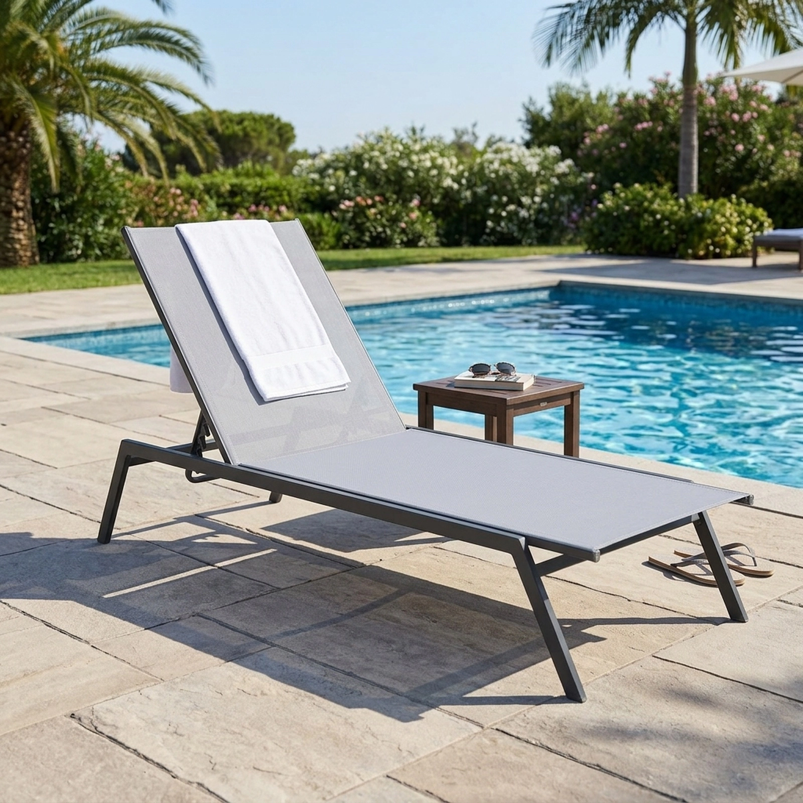 Outdoor Chaise Lounge Chair with 6-Position Backrest and Lay Flat Sunbathing Position Quick-Drying Fabric Steel Grey