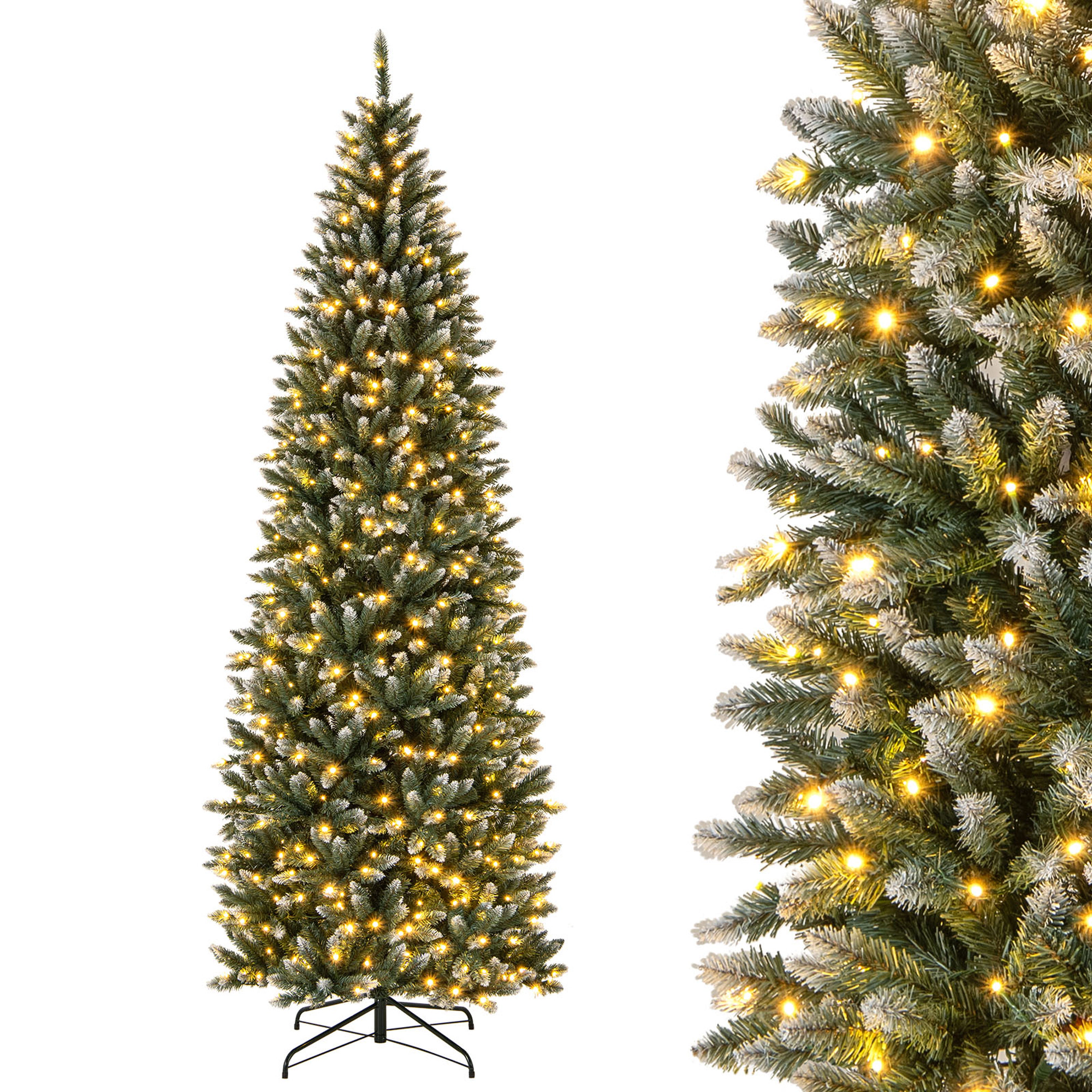 Costway 6/9 FT Pre-Lit Christmas Tree Hinged Slim Pencil Xmas with 250/500 LED Lights & 618 Tips