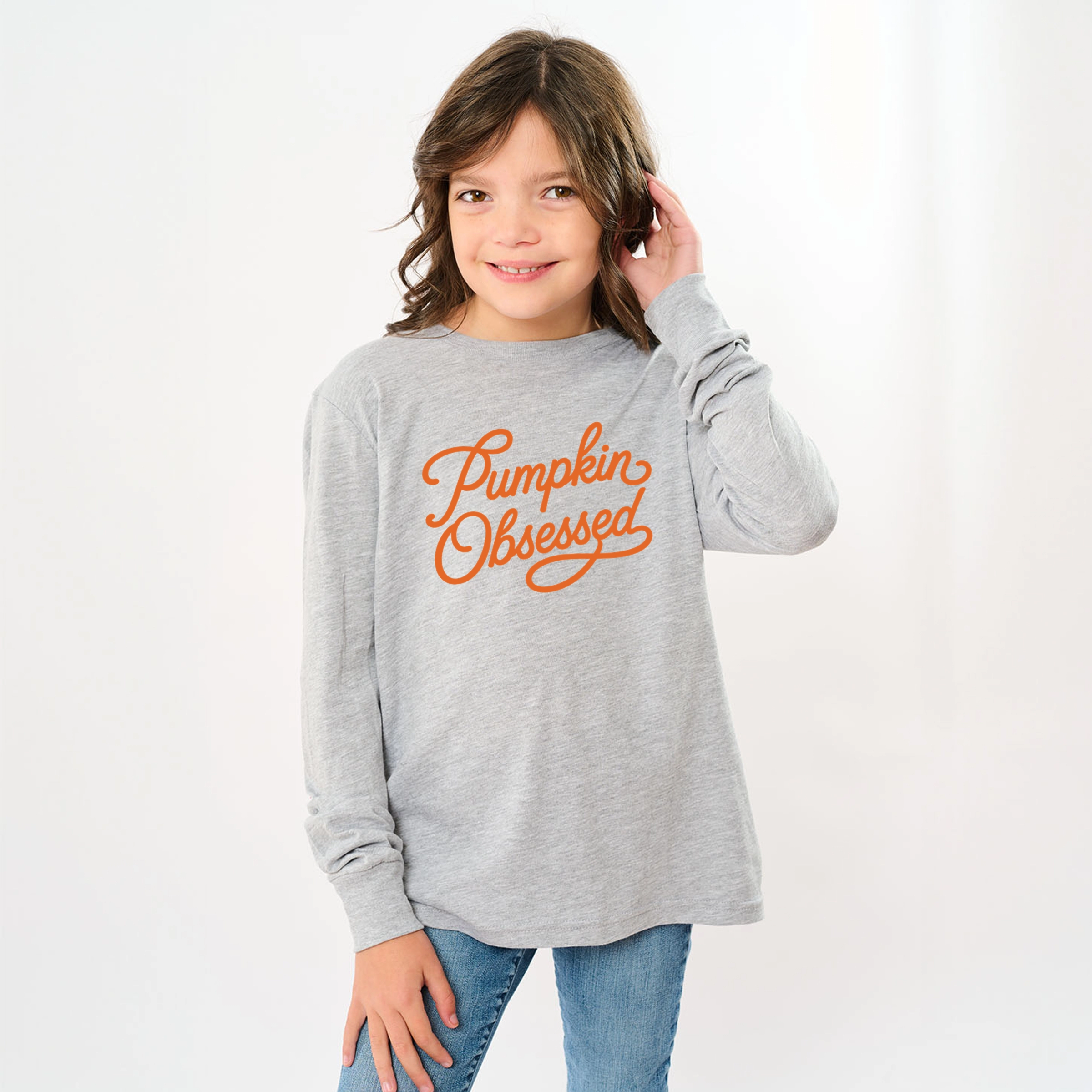 The Juniper Shop - Youth Long Sleeve Graphic T-Shirt Pumpkin Obsessed Cursive