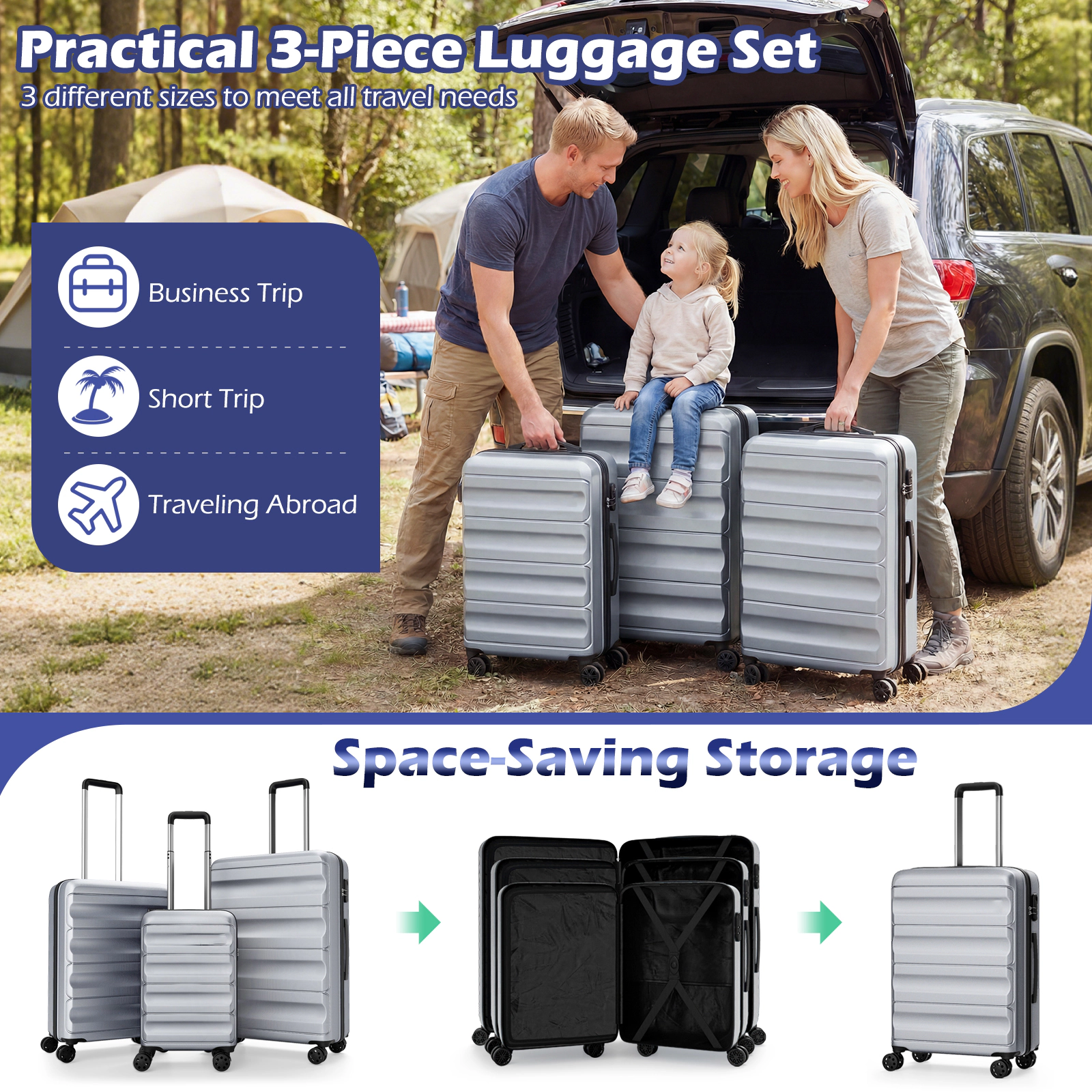 SUGIFT 3-Piece Hardside Luggage Set 20/24/28-In ABS Suitcases with 360° Spinner Wheels and Telescoping Handle Gray