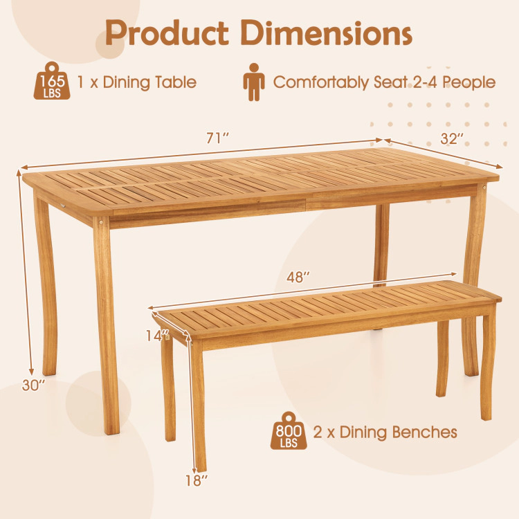 Hivvago 3 Pieces Patio Dining Set With Acacia Wood Outdoor Table And Benches