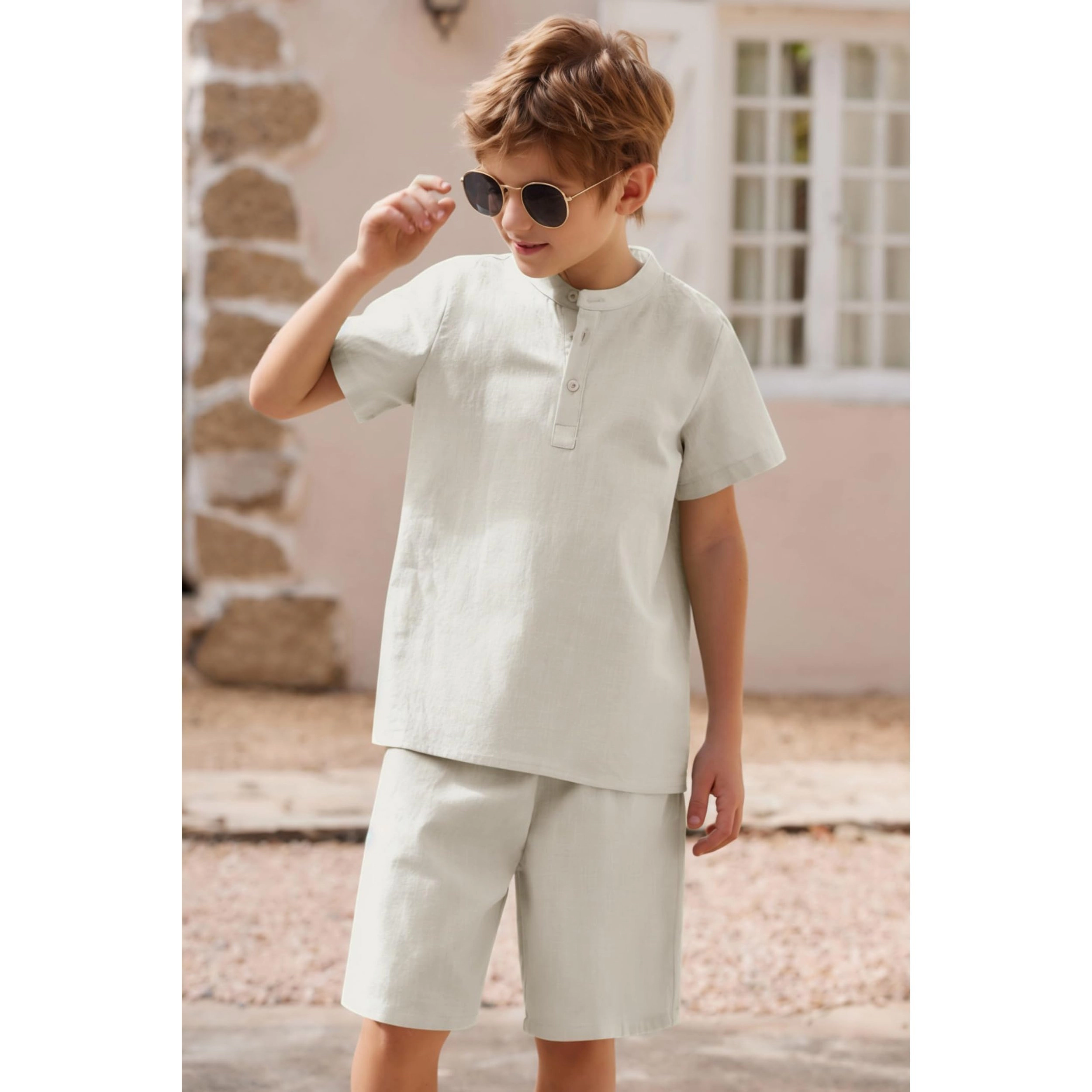 Arshiner Boys Cotton Linen Set Casual Henley Shirts Short Sleeve Beach Shorts Summer Outfits